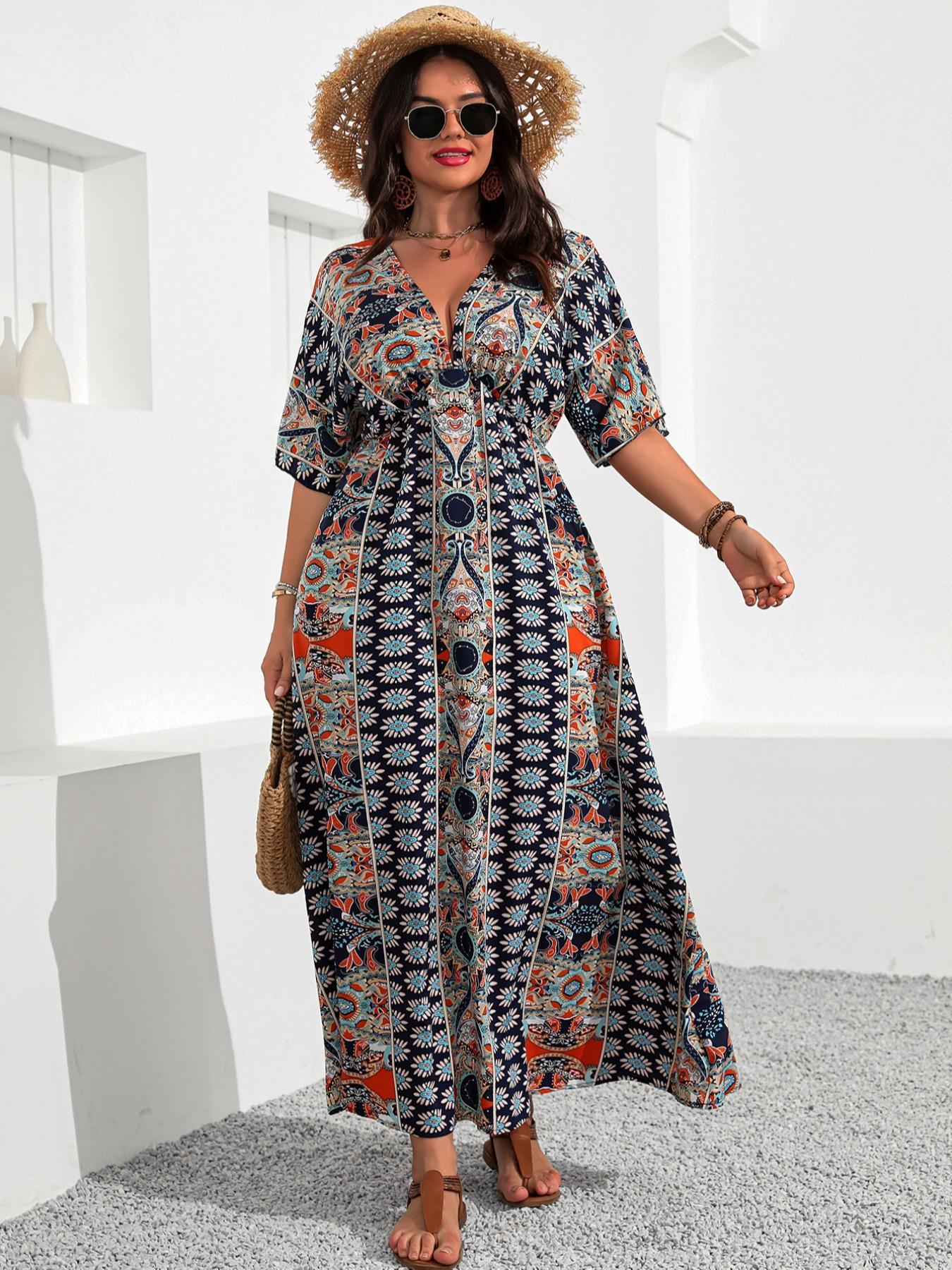 Plus Size Ethnic Pattern Ruched V Neck Dress, Bohemian Casual Floral Print Batwing Half Sleeve A-Line Dress for Summer, Women's Clothes for Beach Holiday Plus Size Ethnic Pattern Ruched V Neck Dress, Bohemian Casual Floral Print Batwing Half Sleeve A-Line Dress for Summer, Women's Clothes for Beach Holiday