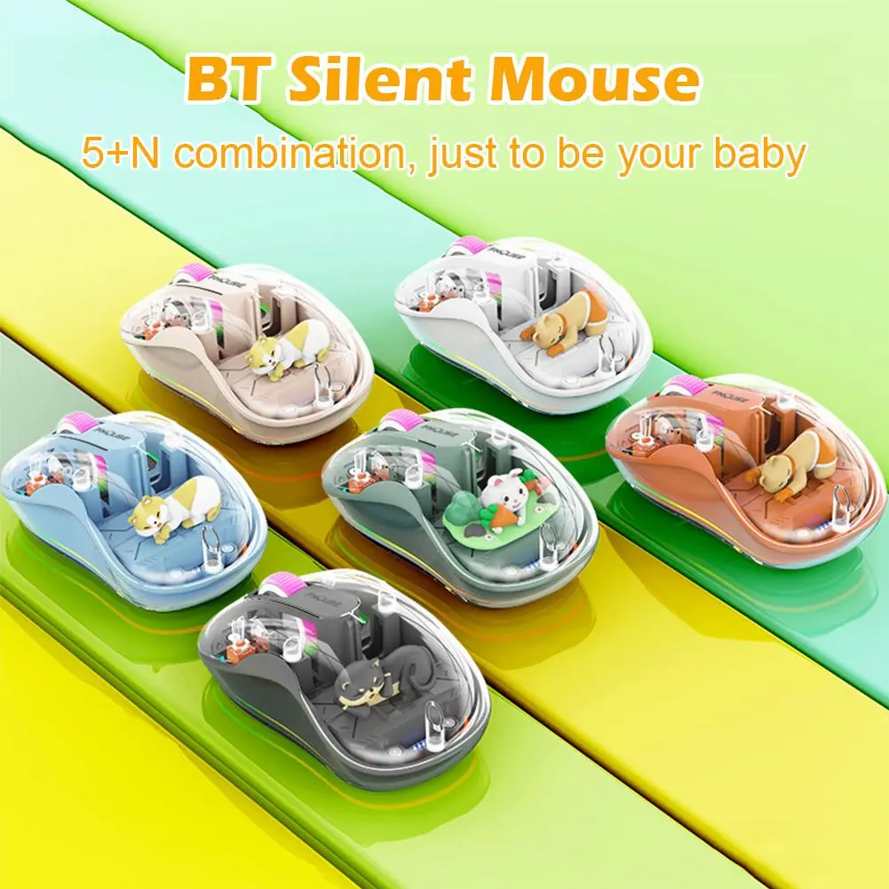 Wireless Bluetooth 3-Mode Charging Ergonomic Luminous Transparent Mouse with Magnetic Doll for Laptops, Tablets (PC Gaming Accessory) rgb cute