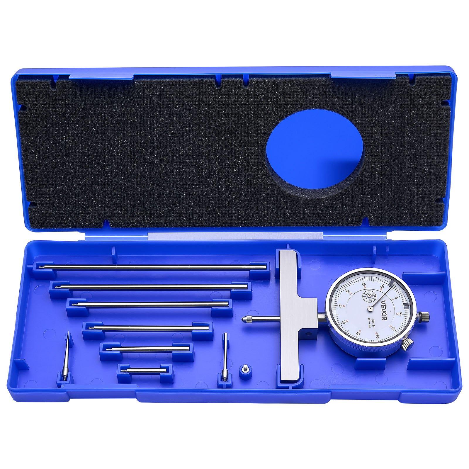VEVOR Depth Gauge, Depth Micrometer 0-22 inch Measuring Range, 0.001" Resolution, with 4 Anvils & 6 Standard Rods, Precision Easy to Read Mechanical Tool for Measuring Groove, Step, Hole