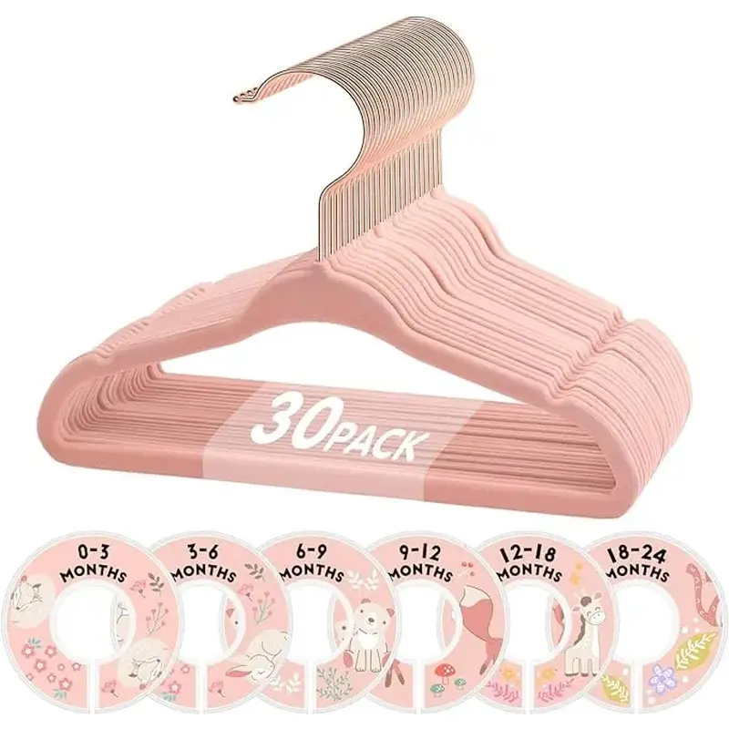 30 11-Inch Baby Hangers -- Soft Non-Slip, Super Space-Saving Baby Room Wardrobe Organizer with 6 Adjustable Size Partition Plate, Perfect for Toddler Clothes, Travel, Baby Shower Hook Metal Plastic Hanging