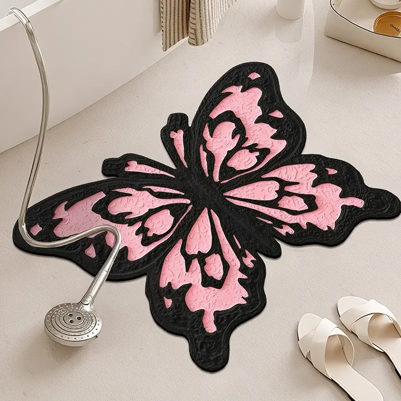 New Luxury Simple Bathroom Floor Mat, Diatomaceous Earth Absorbent Pad, Diatomite Bath Mat, Vintage Butterfly Foot Mat, Non-Slip and Stain-Resistant