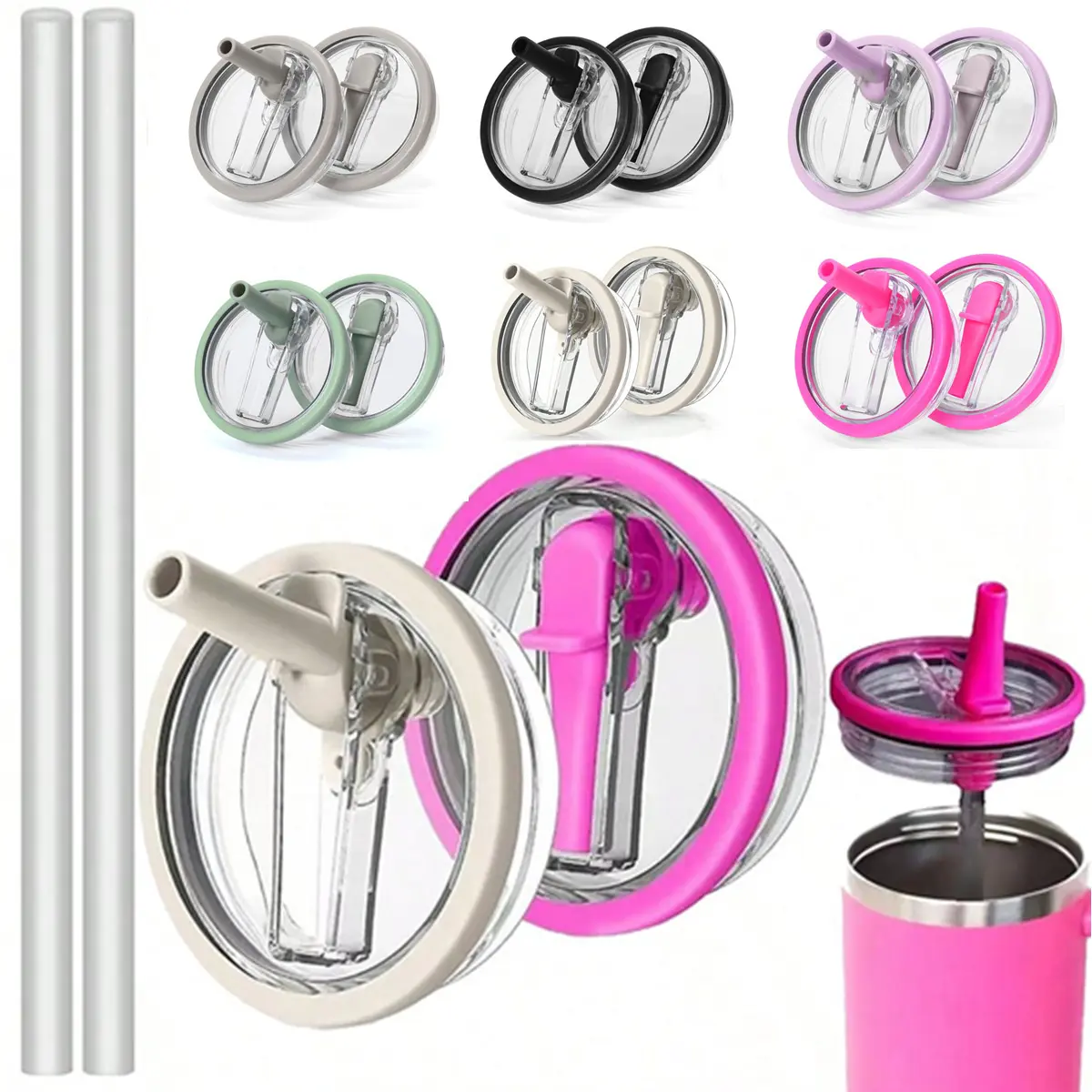 4Pcs 40oz Tumbler Replacement Lids Set, Thickened Plastic Screw-On Covers with Foldable Straws, 2 Lids + 2 Straws, Leakproof Silicone Spill Stopper for 40oz Ice Coffee Mugs