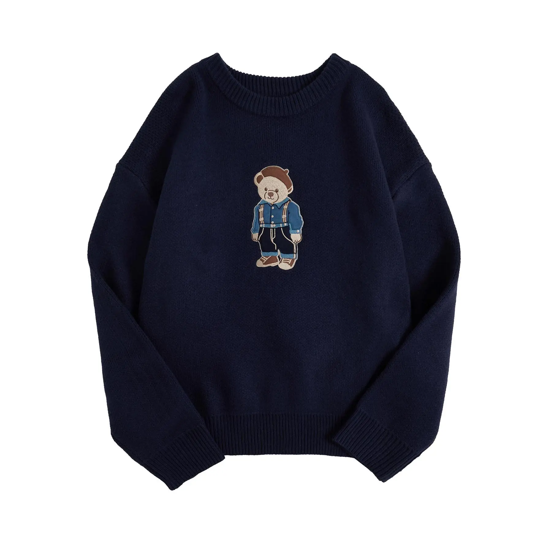Men Sweaters Cute Bear Embroidery Crew Neck Long Sleeve Sweater, Fall Clothes