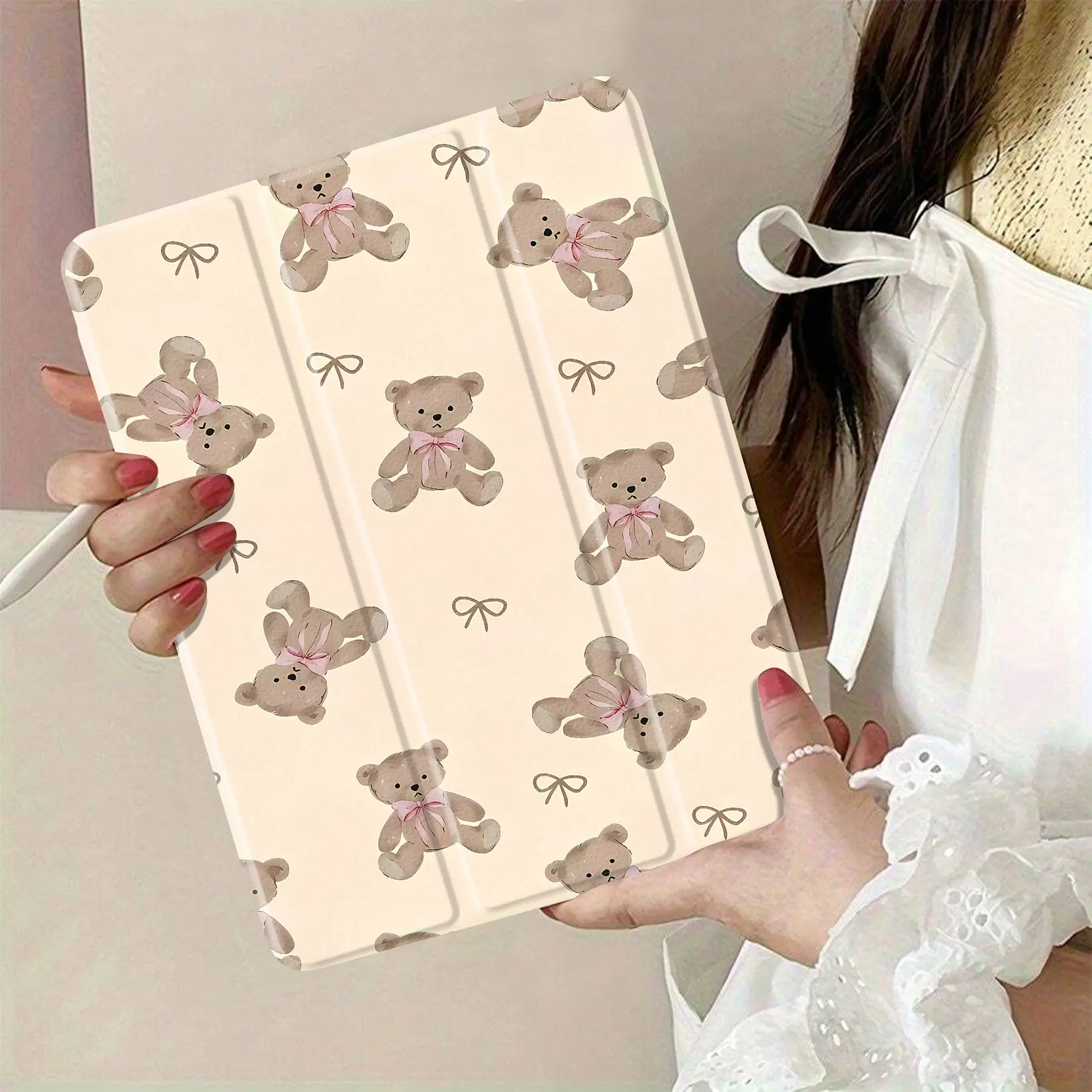 Cute Animals Teddy Bear Pattern Fabric - Soft Beige Background with Pink Bows - Ideal for Crafting Baby Items, Nursery Decor