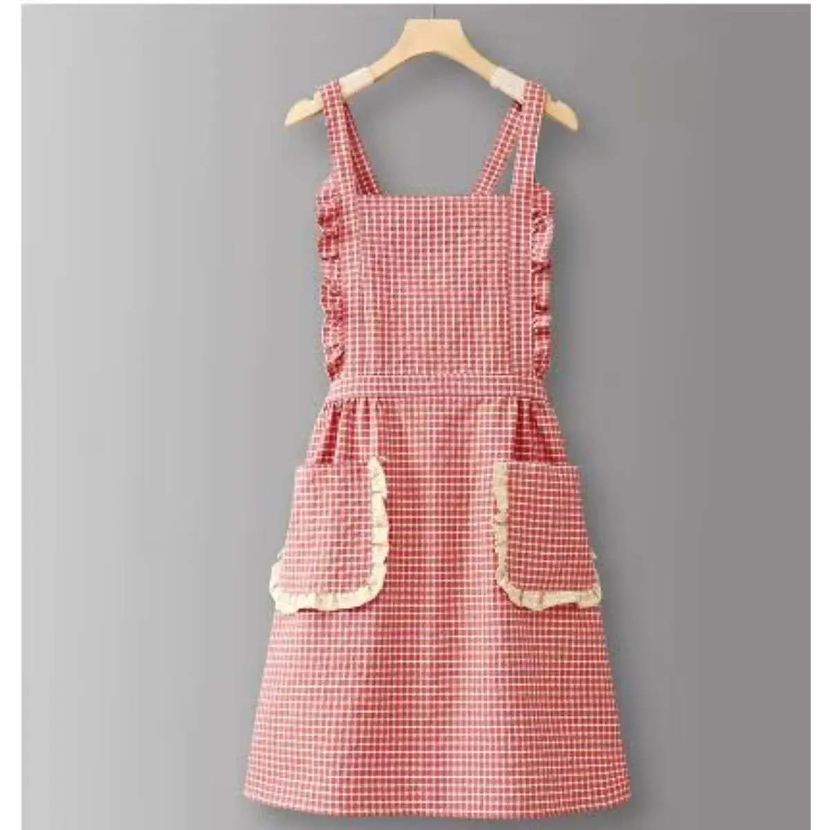 Women Kitchen Apron with Pockets – Waterproof Plaid Ruffled Trim Cooking & Baking Apron, Viral TikTok Hostess Aesthetic Chic Café & Beauty Salon Uniform, Professional Nail Tech Workwear, Stylish Gift for Ladies & Girls
