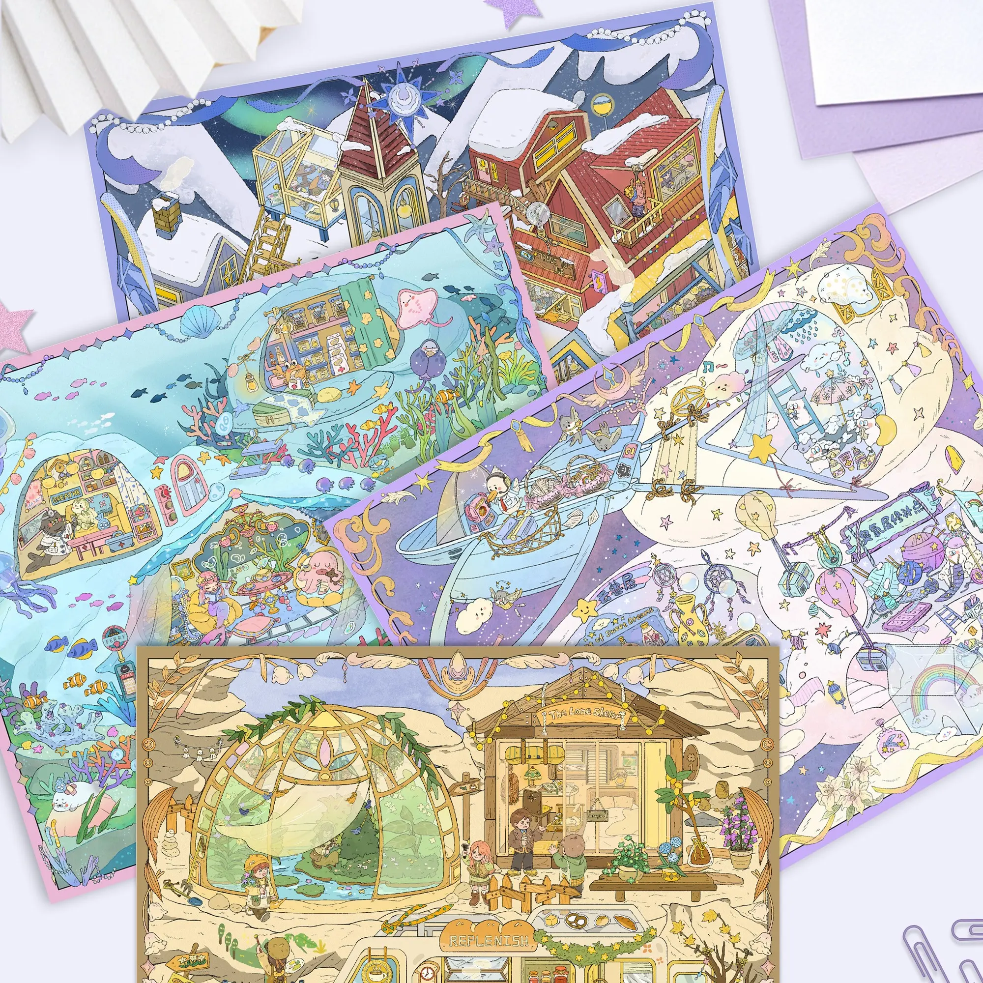 HEYBAO 13.0 4-Piece Set, 3D Cartoon Sticker Kit, Miniature Scene Toys, DIY Craft Supplies, Stress Relief Creative Stickers