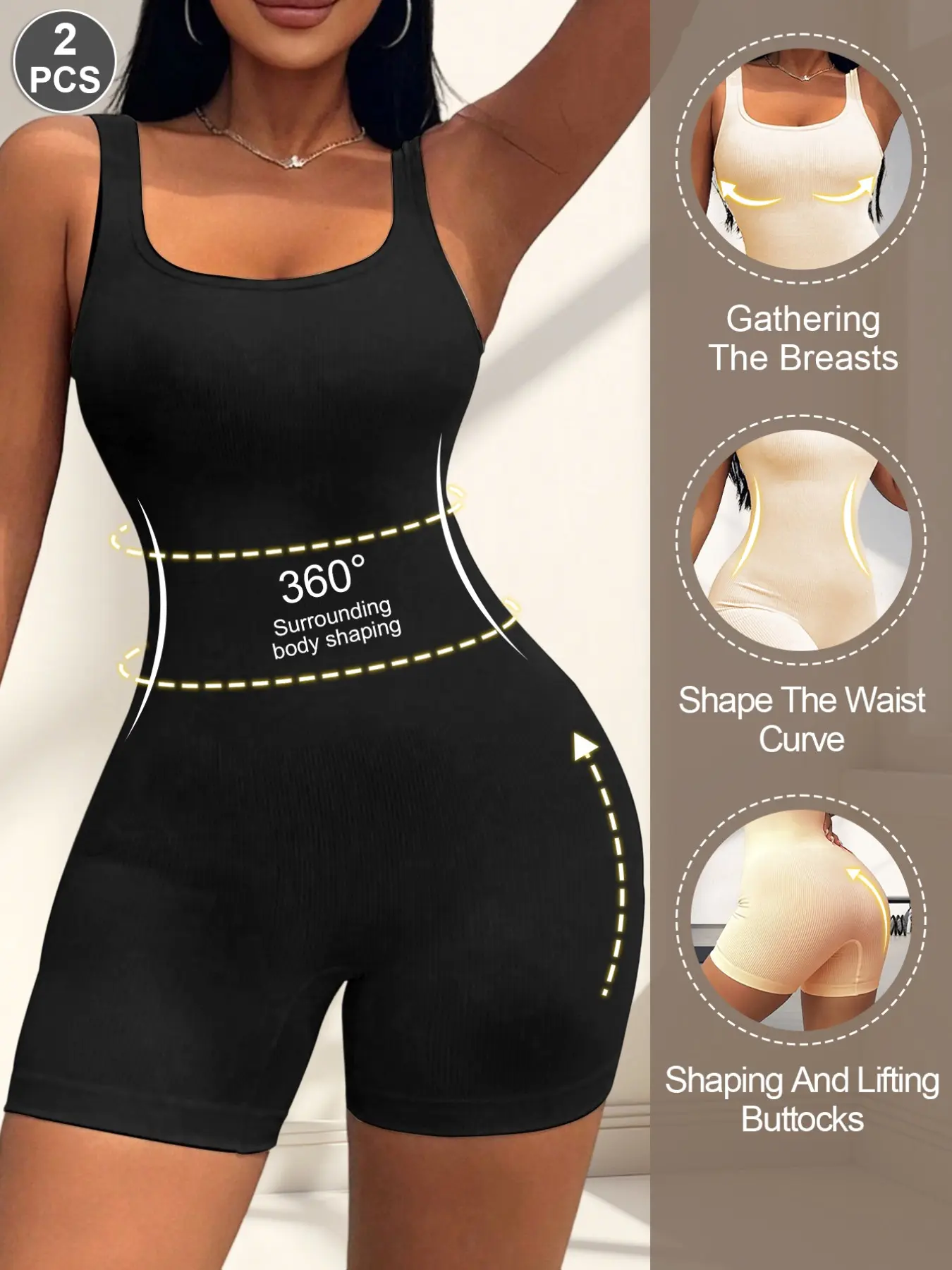 Women's Ribbed Shapewear Jumpsuit, Waist Cinching Butt Lifting, Slimming Flat Short Pants, Pure Color Sports Yoga Jumpsuit, All Seasons Casual Style, Compression Shapewear Jumpsuit
