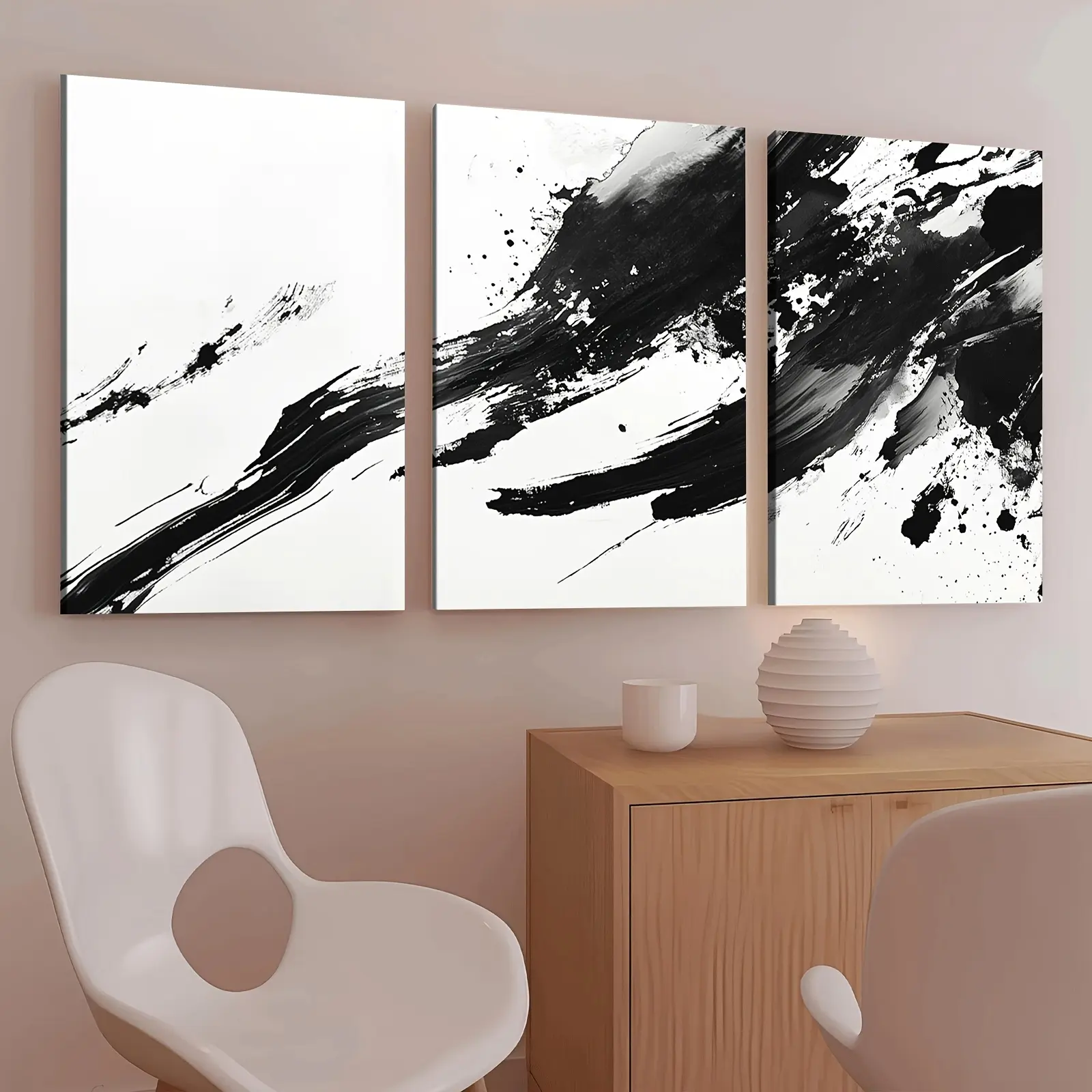 Abstract Black-And-White Triptych 3-Piece Canvas Wall Art - Framed, Ready To Hang - For Living Room Office - Perfect Gift For Housewarming Christmas New Year - Wall Decor, Home Decoration