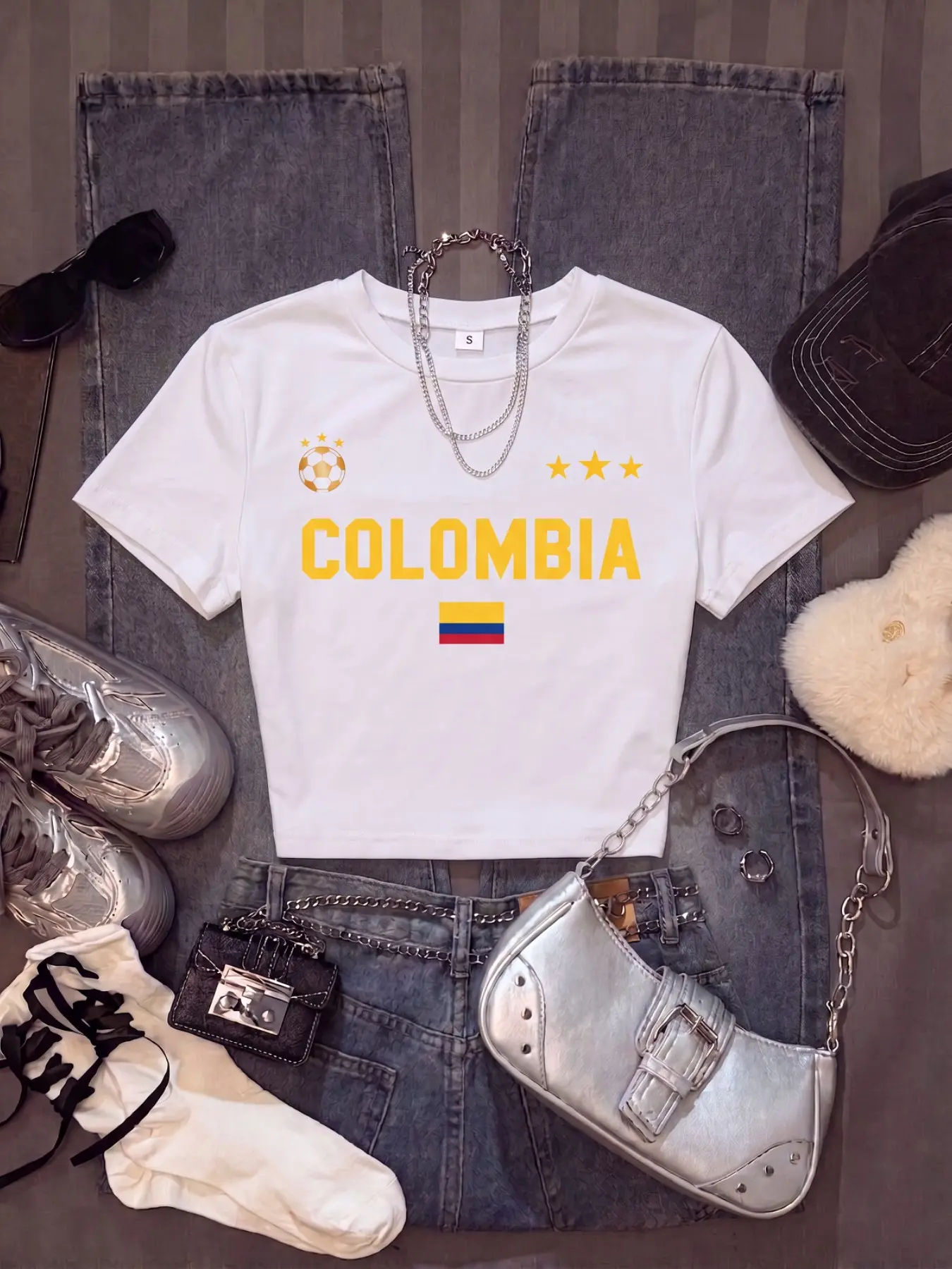 Women's Slim-Fit Short Sleeve T-Shirt, Tie-Dye Light Colombia Flag Football Print, Casual Crop Top, Sexy Bodycon Tee
