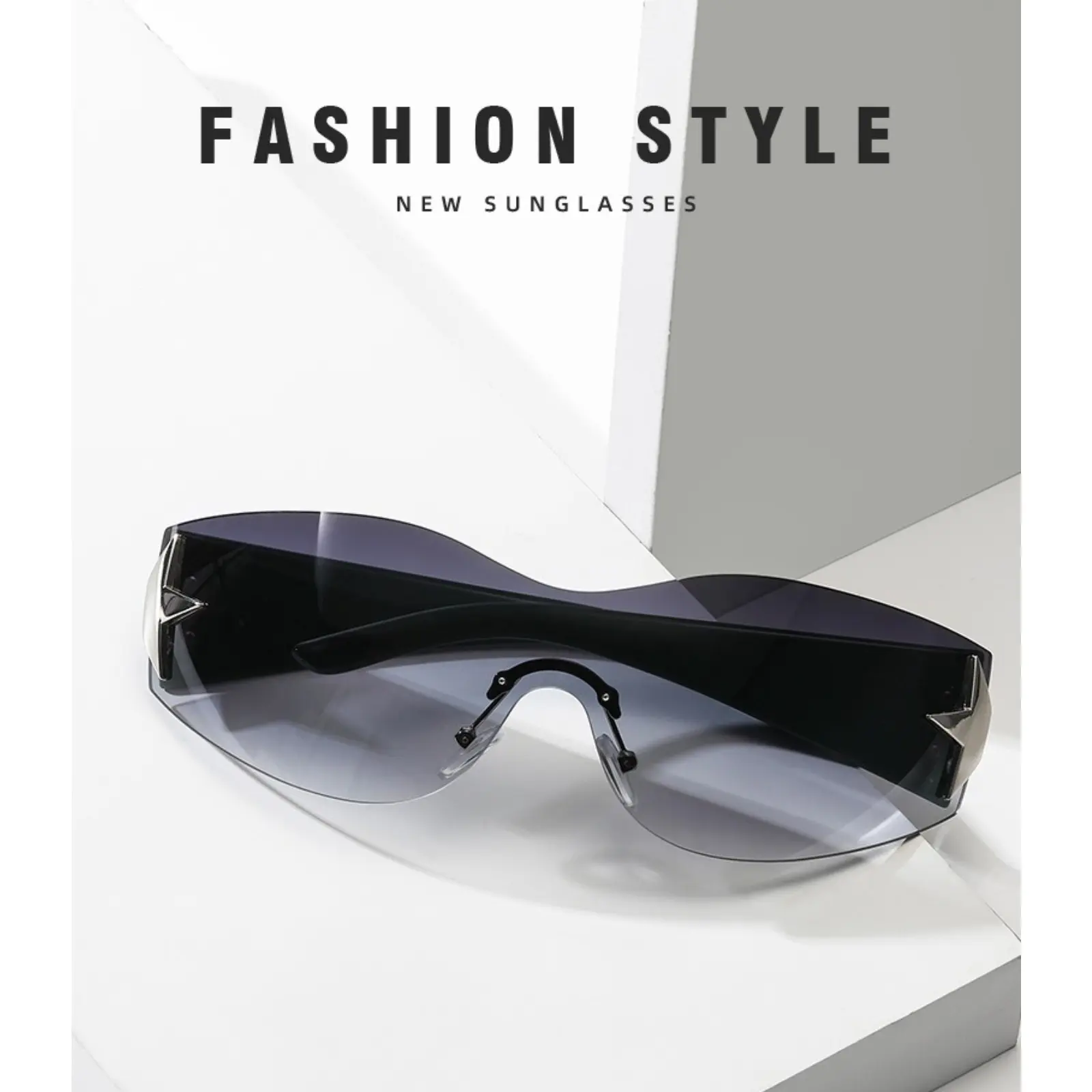 Y2K Rimless Wrap Around Sunglasses, Star Decor Futuristic Sports Shades, One Piece Lens Punk Sun Glasses, UV Protection Eyewear for Streetwear Party Cycling Outdoor Travel