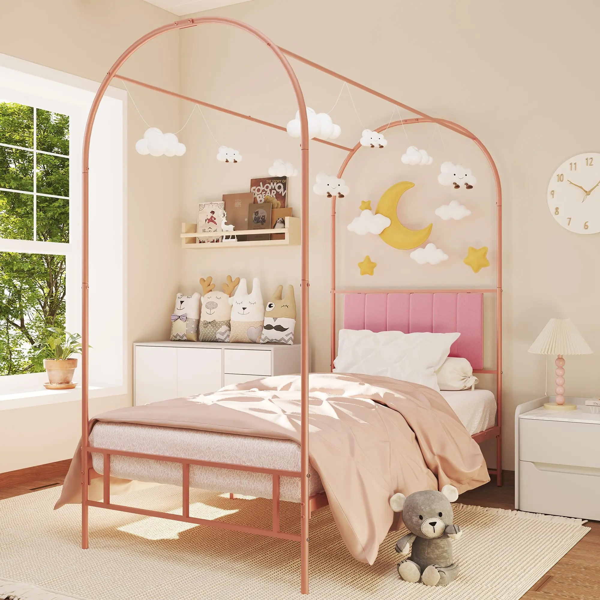 Modern Twin Canopy Bed Frame for Kids - White Metal Platform, Soft Upholstered Headboard, Heavy-Duty Slats, Spacious Underbed Storage, Quiet Mattress Base, Easy Assembly