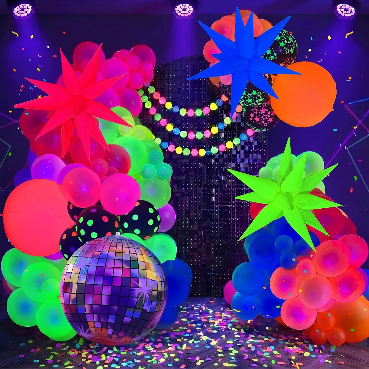 Neon Glow-in-the-Dark Balloon Kit - UV Foil Star, Disco Cone Balloons, Explosion Party Supplies Set for Blacklight Birthday Decor