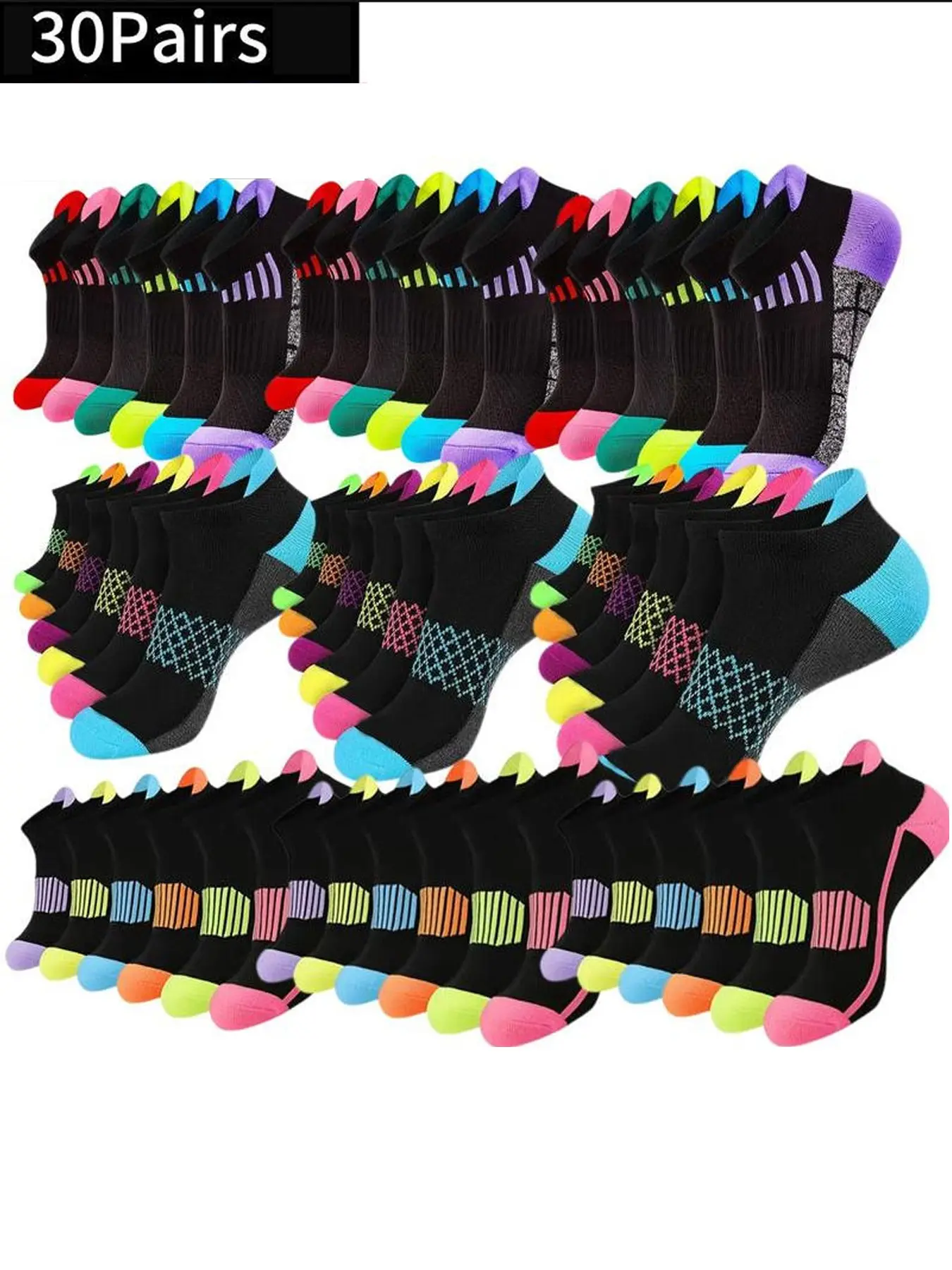 30/20 Pairs Unisex Sport Anti-Slip Ankle Socks, Colorblocked Breathable Quick-Dry Summer Crew Socks, Non Slip Socks, Ideal for Basketball & Running