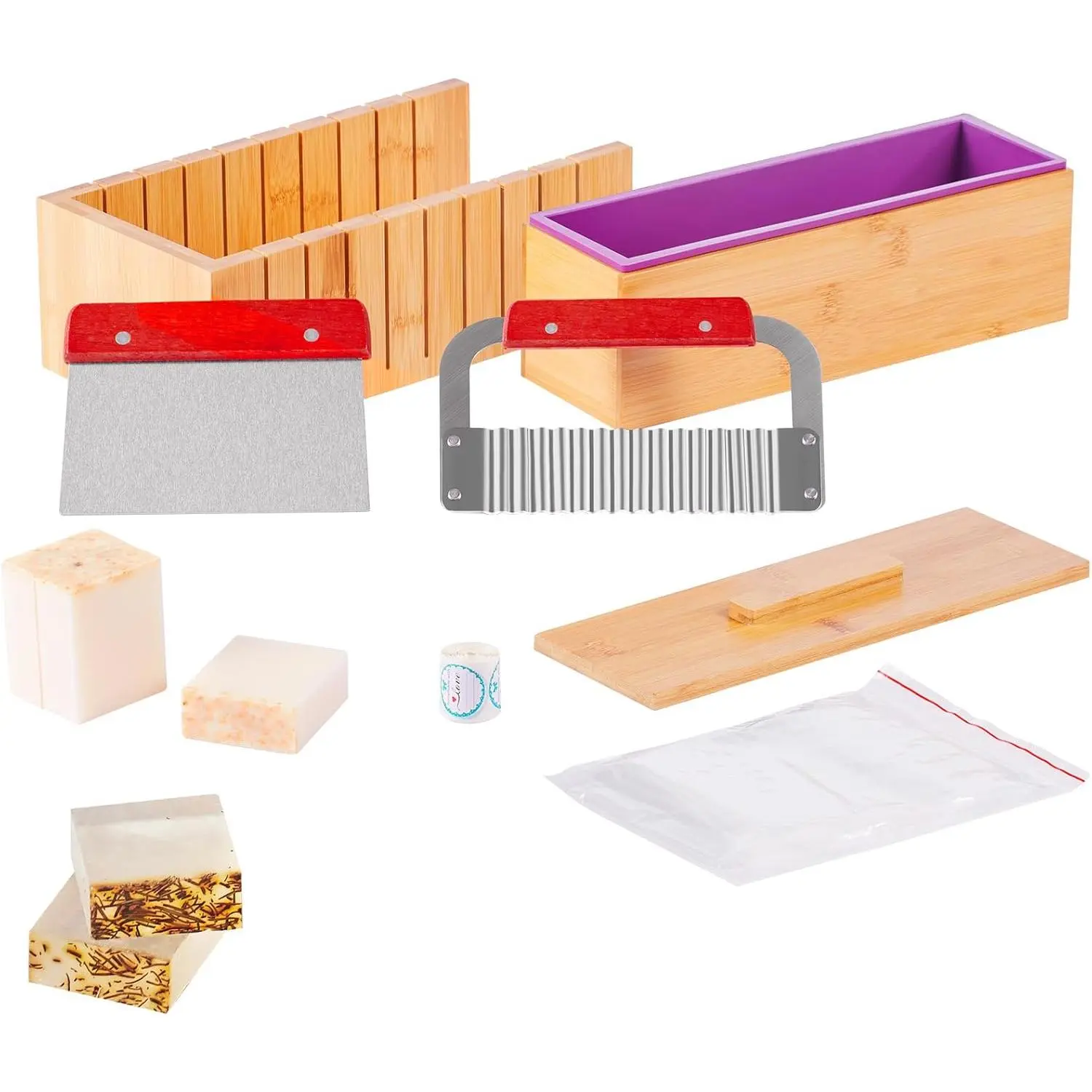 Soap Making Kit, Bamboo Cutting Box and Inner Box with Silicone Mold, Stainless Steel Straight Cutter and Wavy Cutter, 100 Bags and 105 Stickers, Soap Making Supplies DIY Kits for Adults