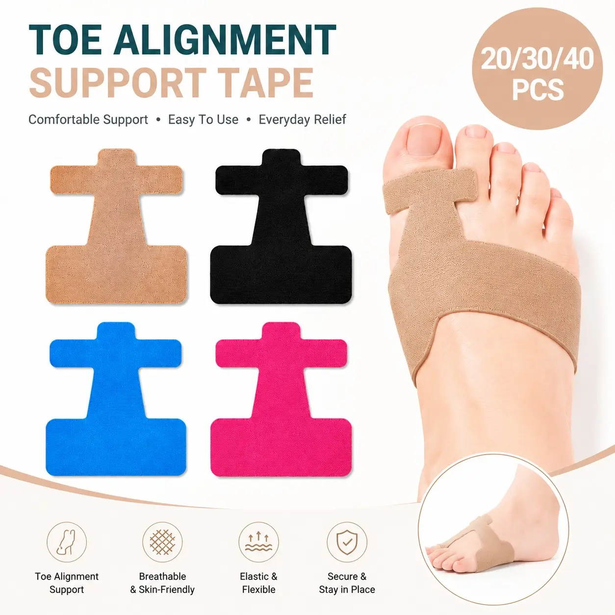 Bunion Relief, Toe Spacer, Toe Separators, 20/30/40PCS Pre-Cut Tape, Breathable Kinesiology Foot Tape, Elastic Big Toe Alignment Strips for Hallux Valgus, Anti-Friction Support For Big Toe, Daily Walking, Running, Workout and Sports Use