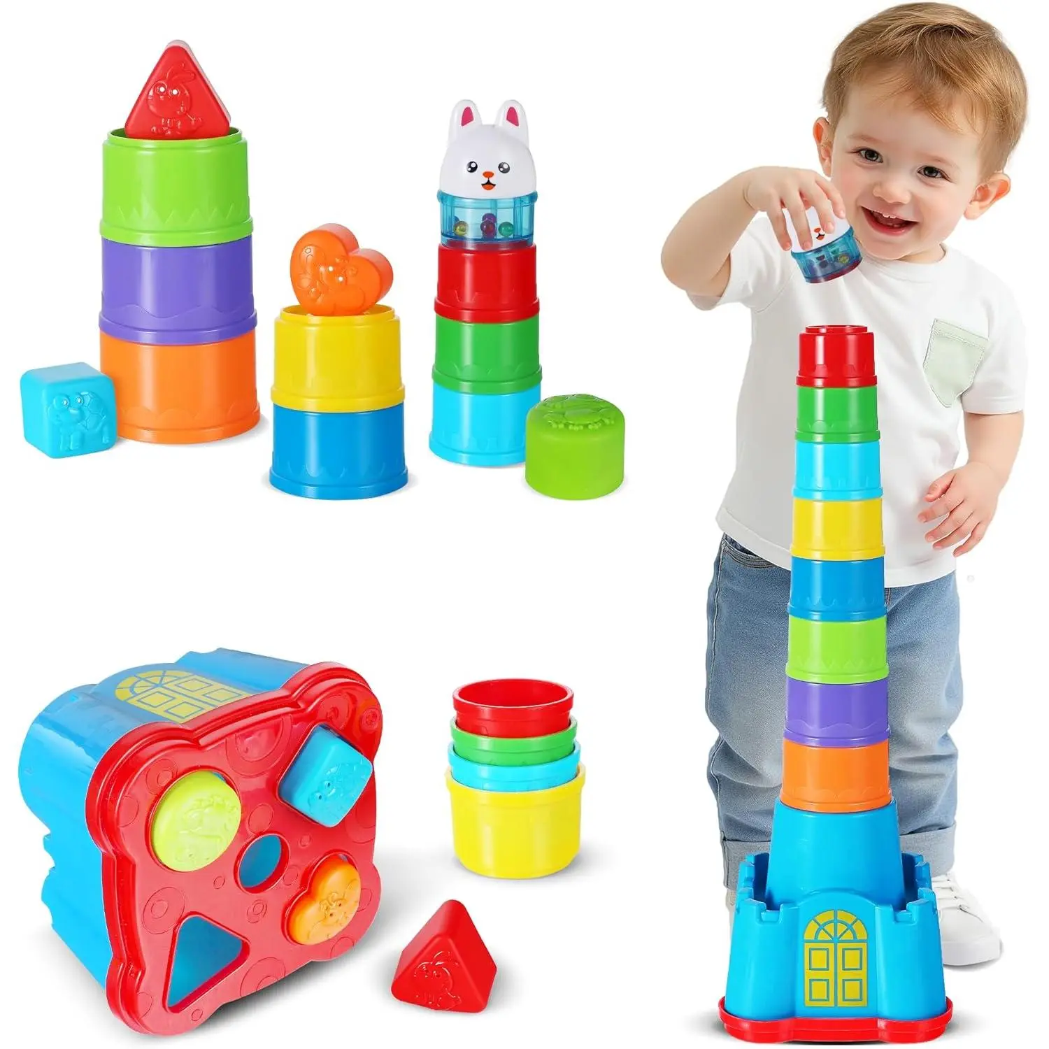 Baby Stacking Toys, Toddler Nesting Stack Cups, Infant Stackable Block, Kids Sorting Game W/Shape Sorter for Sand Bath, Birthday Gift for 12 18 24 Month 1 2 3 Year Old Boys Girlsfidget toys