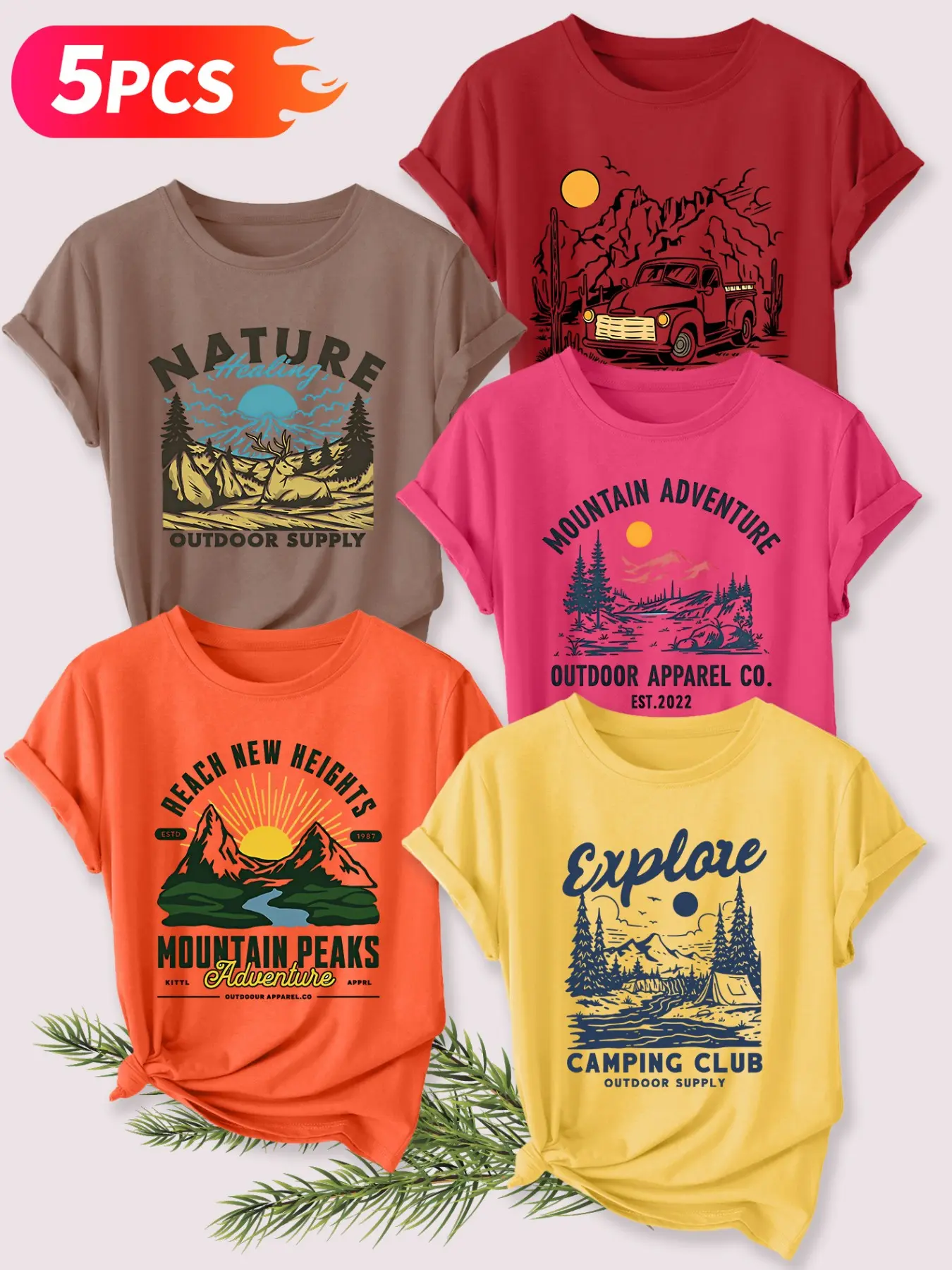 5Pcs Women Crew Neck T-Shirt, Mountain Camping Hiking Retro Outdoor Print, Multi-color Available, Machine Washable, Soft Skin-friendly Spring Summer Daily Stylish Top
