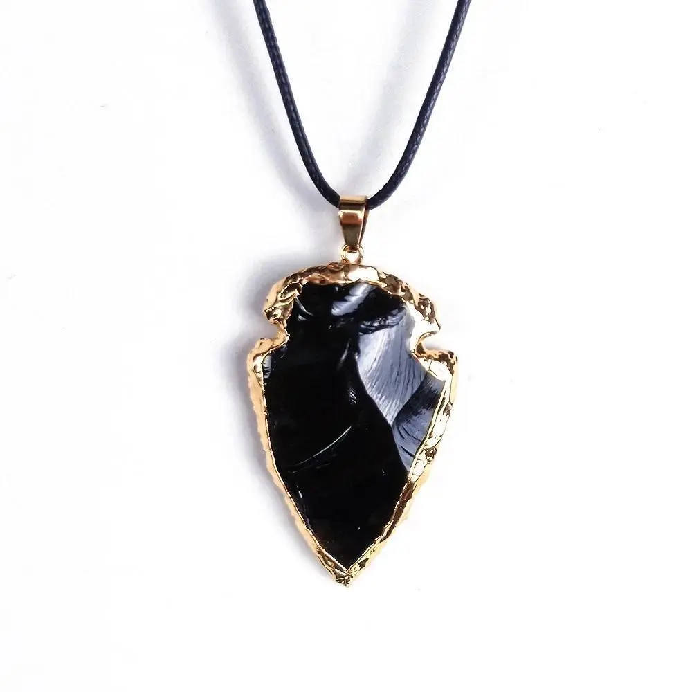 Black Obsidian Arrowhead Shape Pendant Necklace for Men Women Natural Crystal Golden Edge Irregular Healing Charms With String