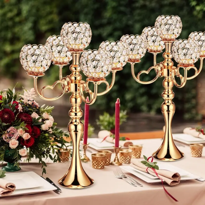 Gold 2-Piece Romantic Crystal Branch-Shaped Multi-Head Pillar Candle Holder - Home Decor for Living Room Tabletop, Wedding Supplies, Birthday Gift, Gold 2-Piece Set