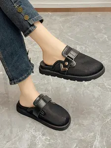 Breathable mesh mule slides with buckle detail, simple and versatile, two colors available for daily wear.