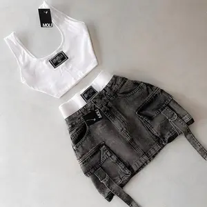 women new fashion straps casual multiple pockets denim skirt  goth womens versatile strap streetwear  Womenswear sets Clothes Button Jeans Seamless Suits Gamis Fitted Short Sleeveless(Sheets)