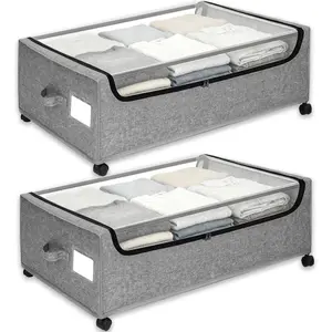 Under Bed Storage with Wheels, 2-Pack Under the Bed Storage Containers with Clear Lids & Label, Underbed Storage Bins, XXXL 85L 11 inches Rolling Metal Drawer for Clothes, Shoes, Toys, Books - Gray