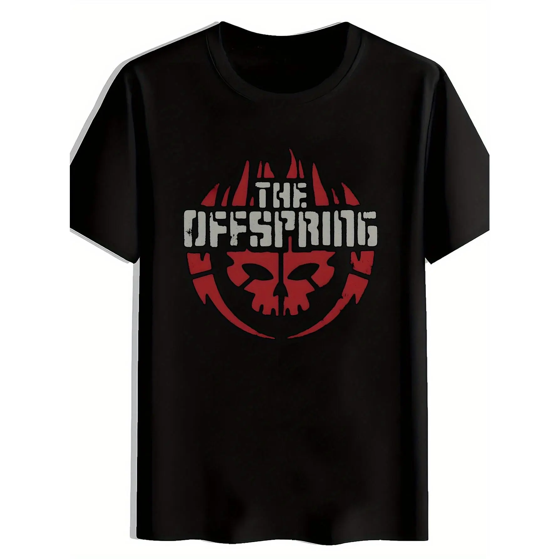 Men's Retro The Offspring Rock Band Skull Logo Cotton T-Shirt - Black, Short Sleeve, Crew Neck, Distressed Red Details, Breathable Polyester, Personalized Menswear Unisex Summer Casual Top for Concerts, Festivals, Machine Washable Apparel