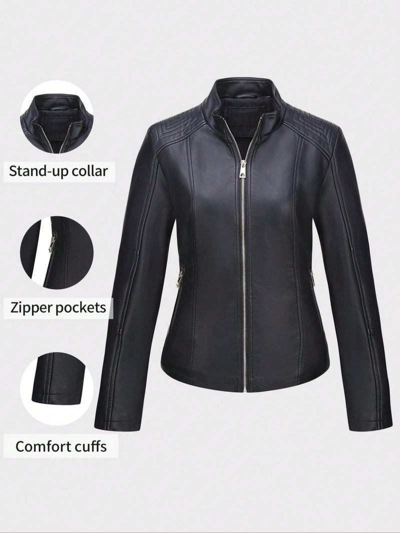 Women's PU Leather Motorcycle Jacket, Casual Fitted Design, All-Season Wear, Perfect for Commuting & Street Style