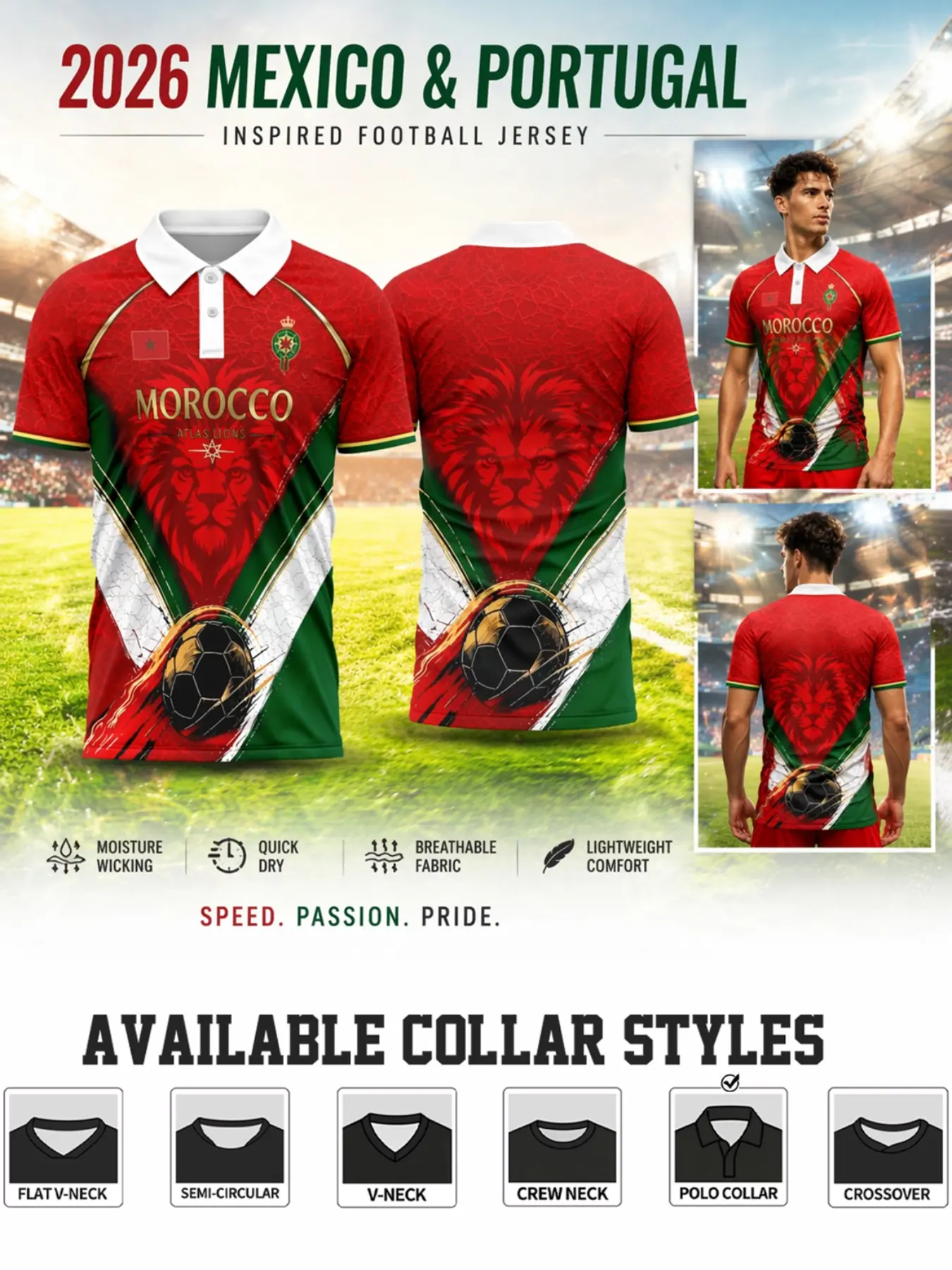 2026 Morocco Soccer Jersey, Short Sleeve High Performance, Moisture-Wicking, Lightweight, Breathable, Durable, Sporty Fit, All Seasons