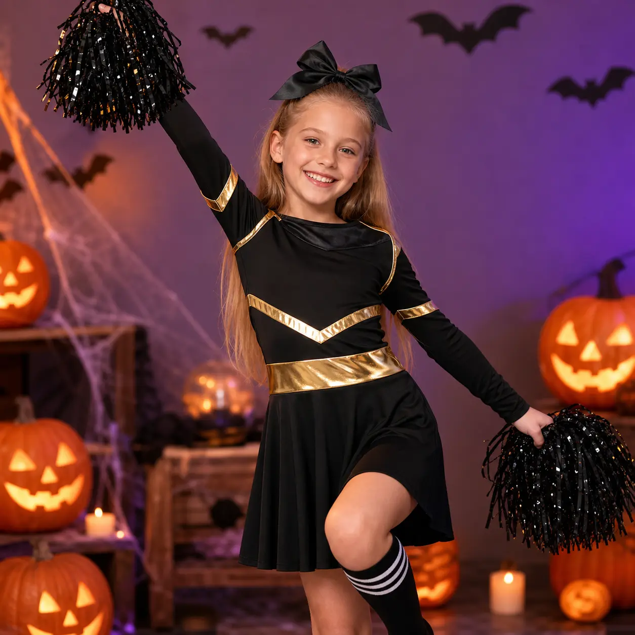 Girls' Black Gold Long-Sleeve Cheerleader Uniform Set - Pom Poms, Bow, Socks Included - All Season Party Wear Uniform Dress for Halloween Cosplay, Stage Performances (Cheer Look)
