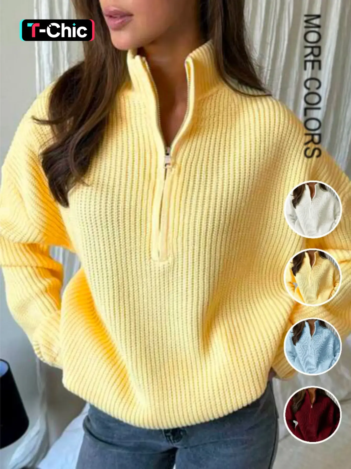 Women's Half-Zip Knit Sweater, Loose Fit Long Sleeve Top, Fall Winter Fashion, Warm and Comfortable, Elegant and Casual Style, Knitwear