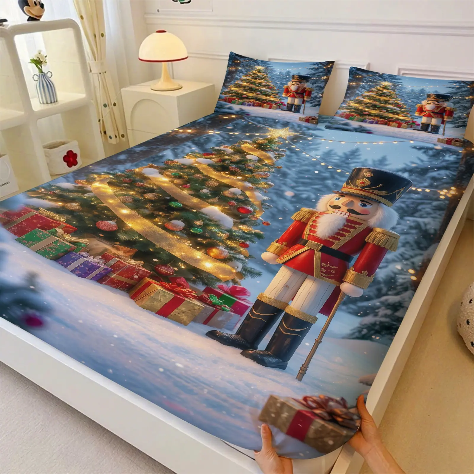 3-Piece Nutcracker Pattern Bed Sheet, Christmas Bedding Set, Holiday Bedding (1 Bed Sheet+2 Pillowcases, No Pillow Core), Suitable For Teenagers And Adults, Room, Dormitory, Bedroom Decoration