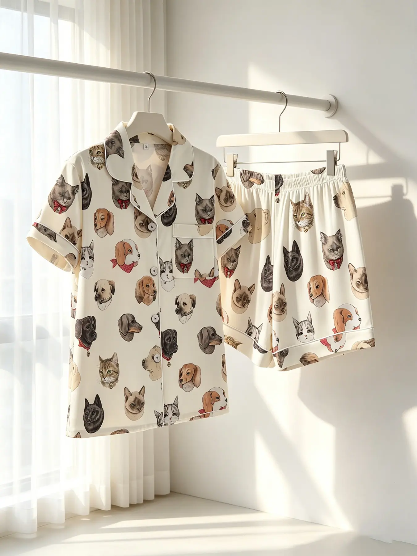 Women's Button-Down Short Sleeve Top & Shorts Pajama Set Pyjamas, White Hand-Drawn Cat Dog Portrait Print with Red Bow, White Piping, Front Pocket, Spring Summer Wear, Loose Fit, Pet Lover Cute Aesthetic Day-to-Night Loungewear