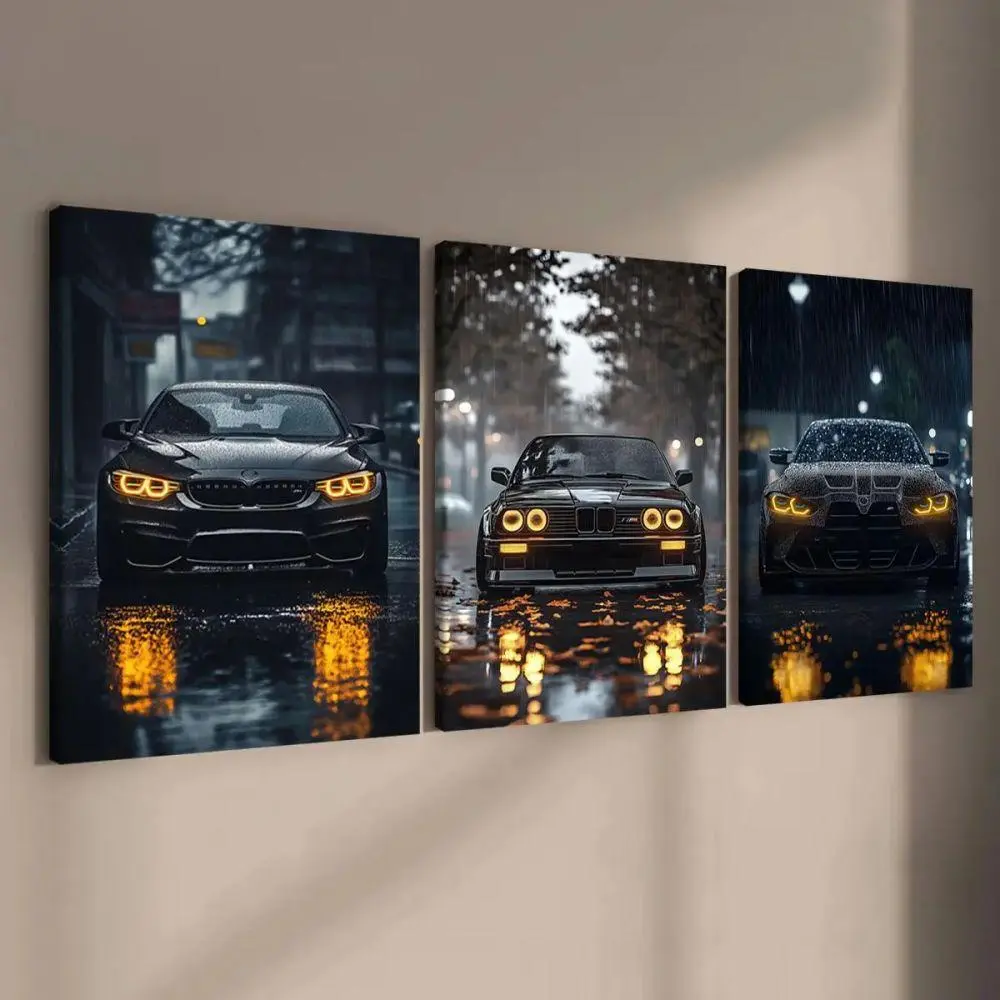BMW Vintage Car 3 Piece Canvas Wall Art Rain Night Sports Car Print Gamer Room Decor Modern Boy Bedroom Poster Set