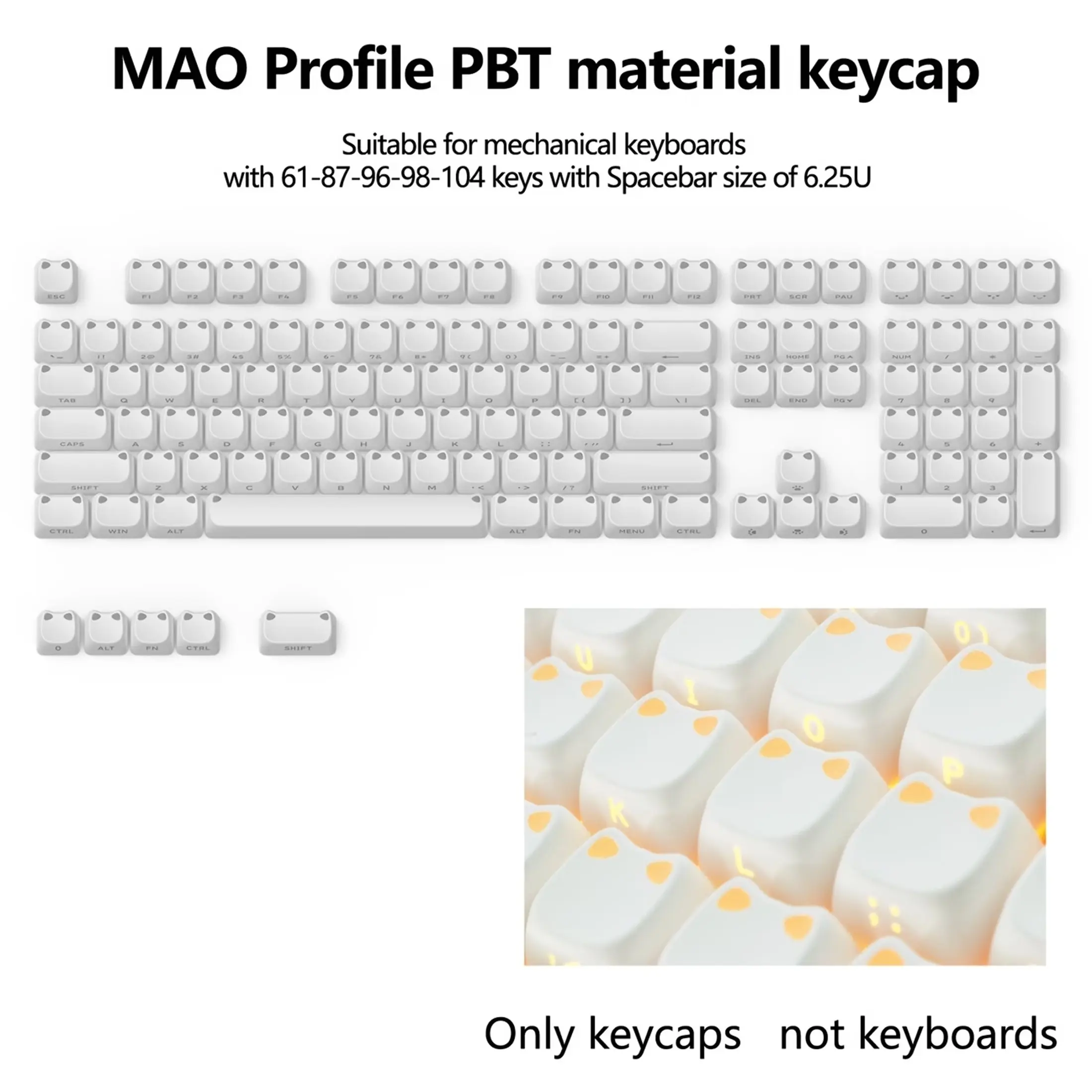 Mao Cat's Ears Translucent Keycaps, Mao Profile, Side-Engraved Characters, Minimalist Design, Pbt Material, Compatible with 6.25u Space Layouts