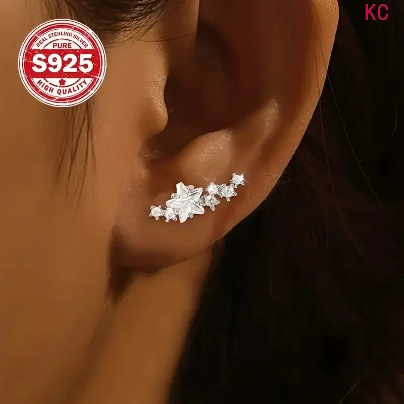 Pair Of 925 Silver Zircon Star Crawler Earrings For Women, Cute Luxurious Fashion Ear Jewelry For Daily And Formal Occasions