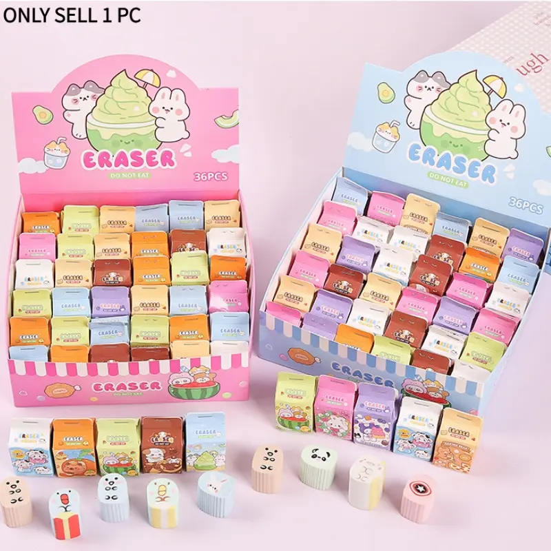 Kawaii Cartoon Milk Box Erasers 36 Pack, Cute Animal Shaped Blind Box Eraser Set, Non-Toxic Low Residue Clean Erasers for Kids Students, Fun School Stationery Classroom Prize Gift Party Favors