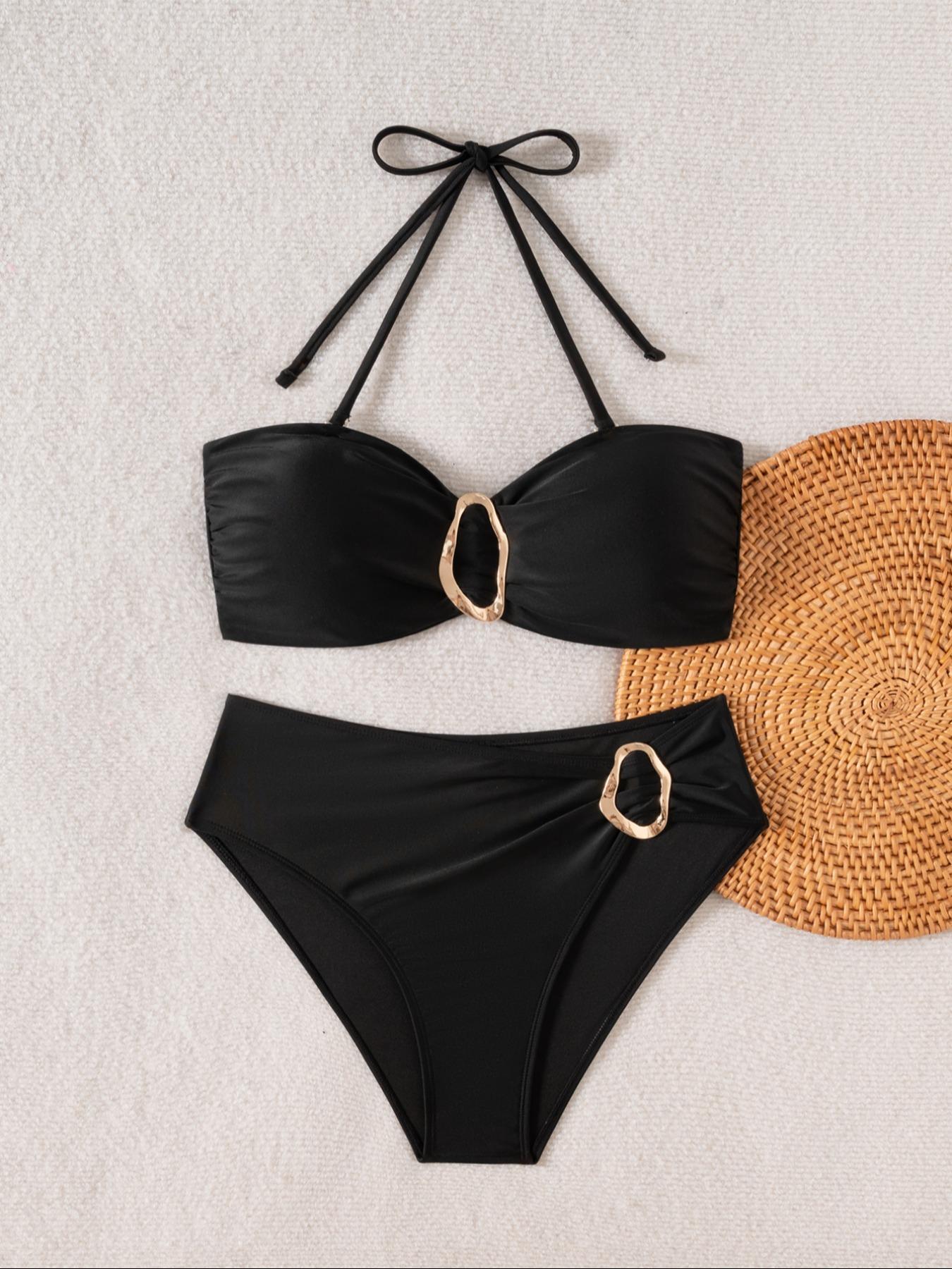 Two-Piece Set Women's Solid Metal Decor Bikini Set, Swimsuit Style Bikini, Sexy Fashion Chic Swimsuit for Beach Holiday Vacation, Ladies Summer Clothes