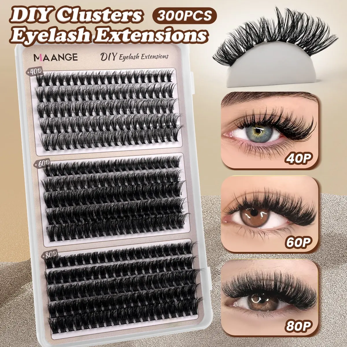 MAANGE 300 PCS D Curl DIY Lash Clusters, Black & Brown Available, Soft Lightweight Fishbone Band Lashes, Multi-Layered Reusable Cluster Lashes for Salon & Beginner Home DIY Lash Makeup, Lash Extension Clusters