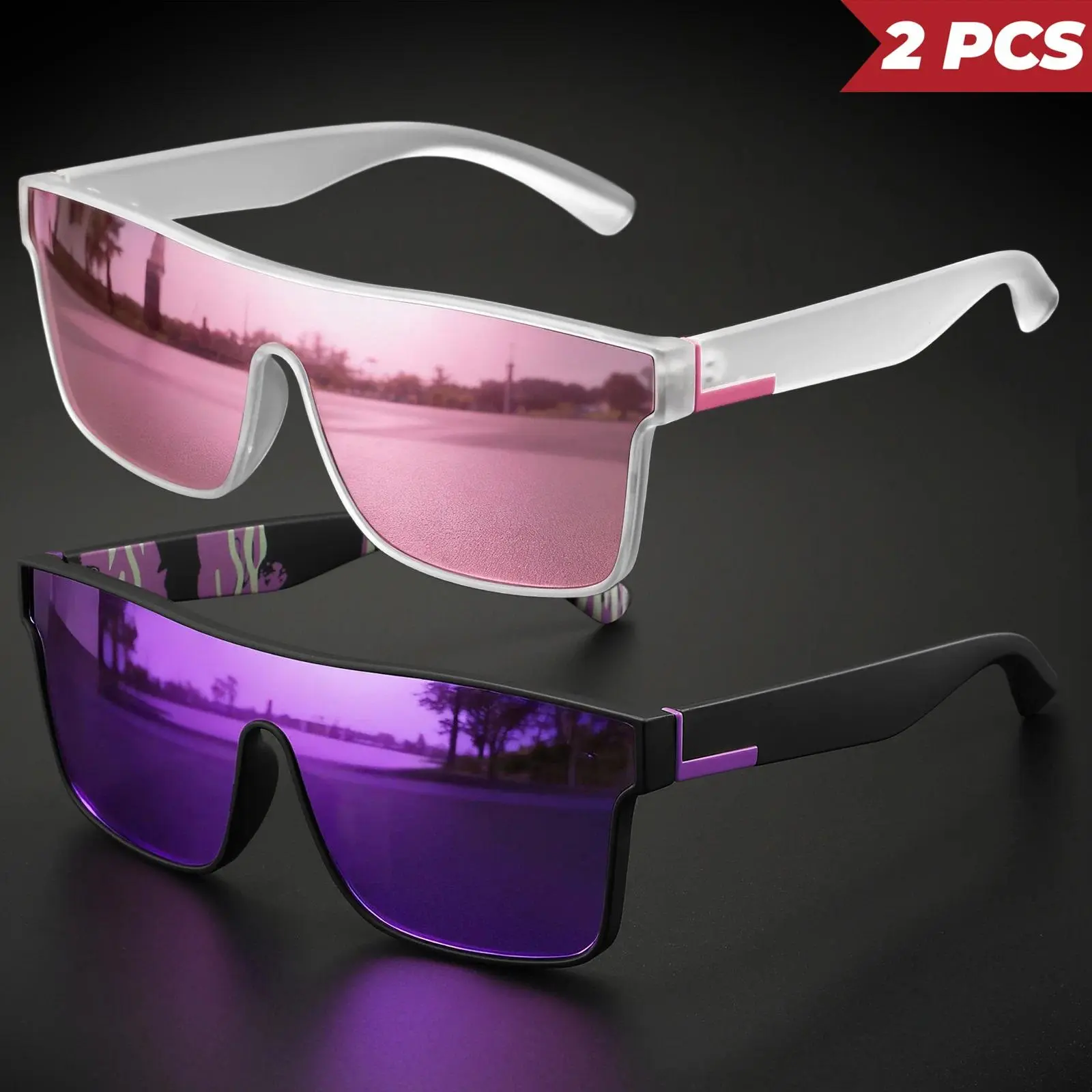 2PCS Classic Colorful Sports Sunglasses - One-Piece Lens, UV400 Unisex for Outdoor, Travel & Daily
