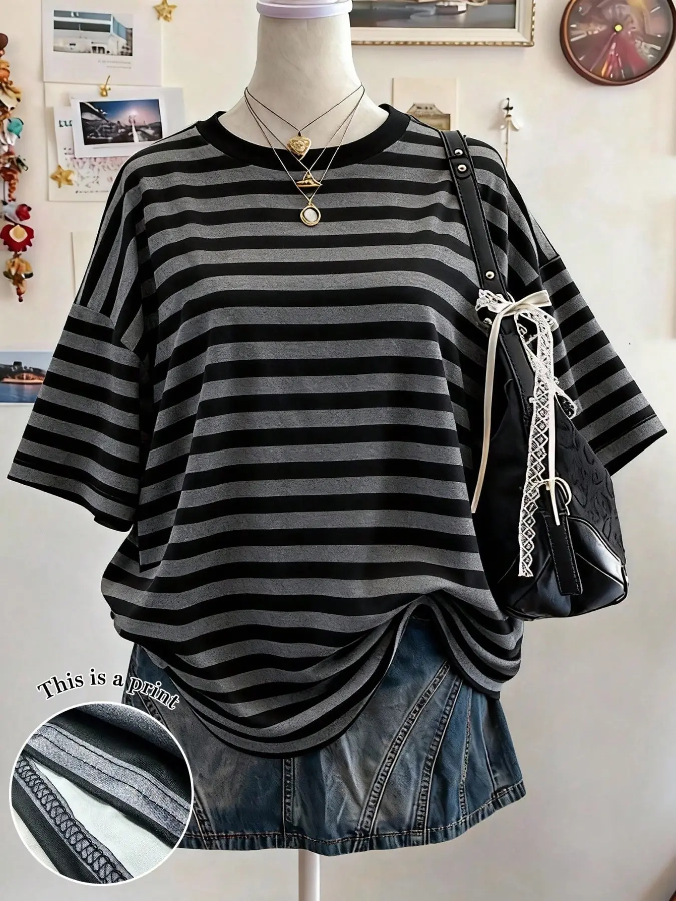 European and American Casual Sporty Striped Random Print Round Neck Short Sleeve T-Shirt, Trendy Comfortable Top, All Seasons