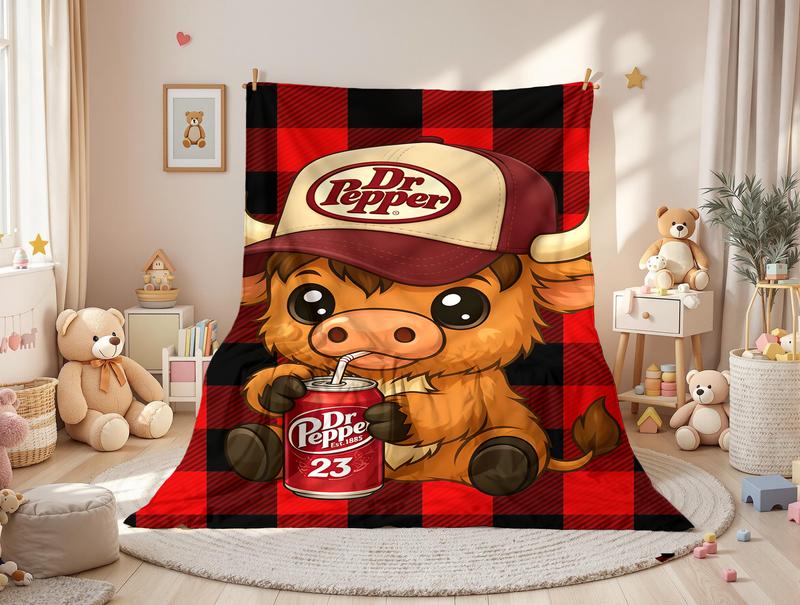 Highland Cow Wear a Hat Cute Pattern Dr Pepper Flannel Blanket,Red and Back Checkered Blanket 1 Count Soft Warming Bedding Blanket Comfy Lightweight Bedding