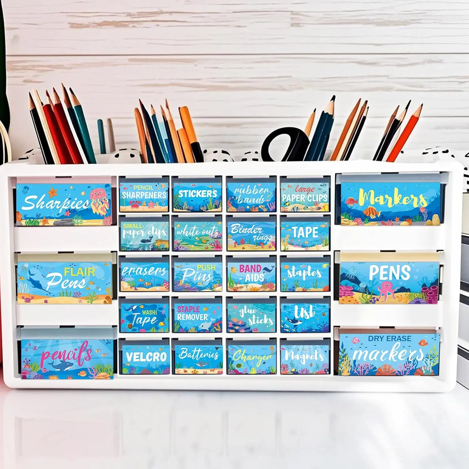 54-Count Undersea Theme Self-Adhesive Teacher Toolbox Labels, Labeling Toolboxes Classroom Decor, Back to School Office Stationery Supplies for Organizer Containers