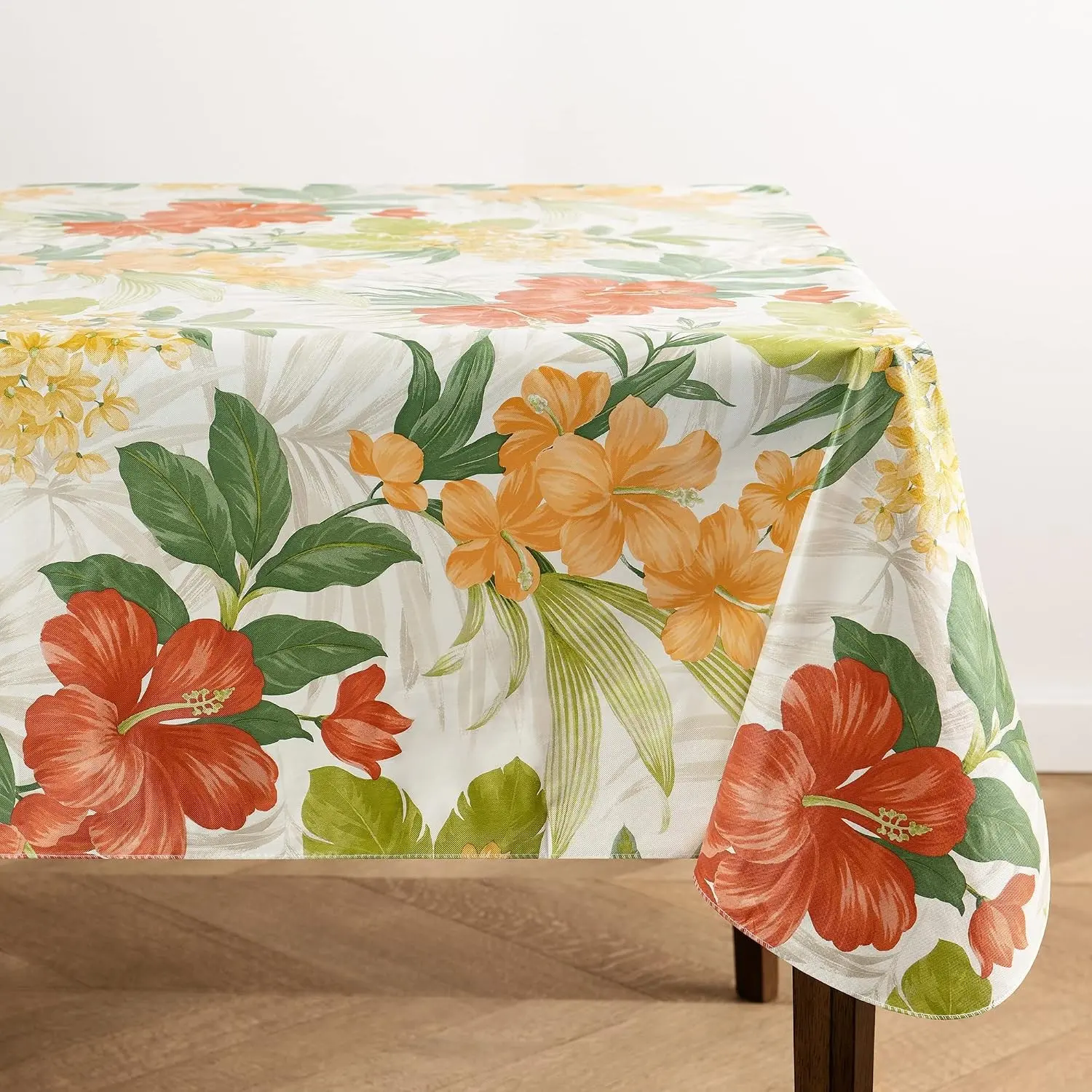 Callisto Tropical Floral Water- and Stain-Resistant Vinyl Tablecloth with Flannel Backing, 52 Inches X 70 Inches, Rectangle, Yellow