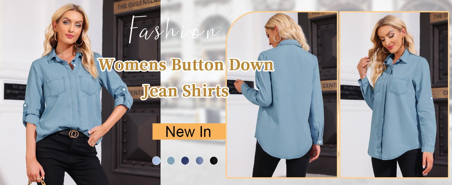 FMEYOA Women's Button Down Denim Shirt Casual Collared Long Sleeve Pocket Blouses