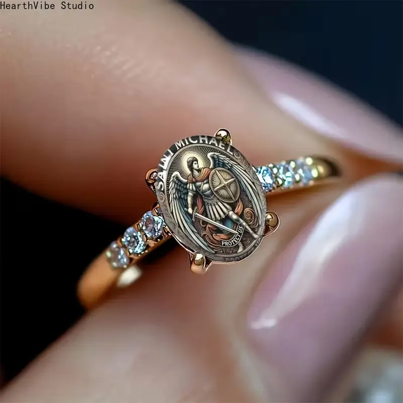 14K Gold Plated Saint Michael Archangel Ring, Unisex Religious Crystal Intaglio Band with Crystal Charm, Rings for Women, Vintage Faith Signet Jewelry Gift for Daily Wear (Cubic Zirconia Accents)