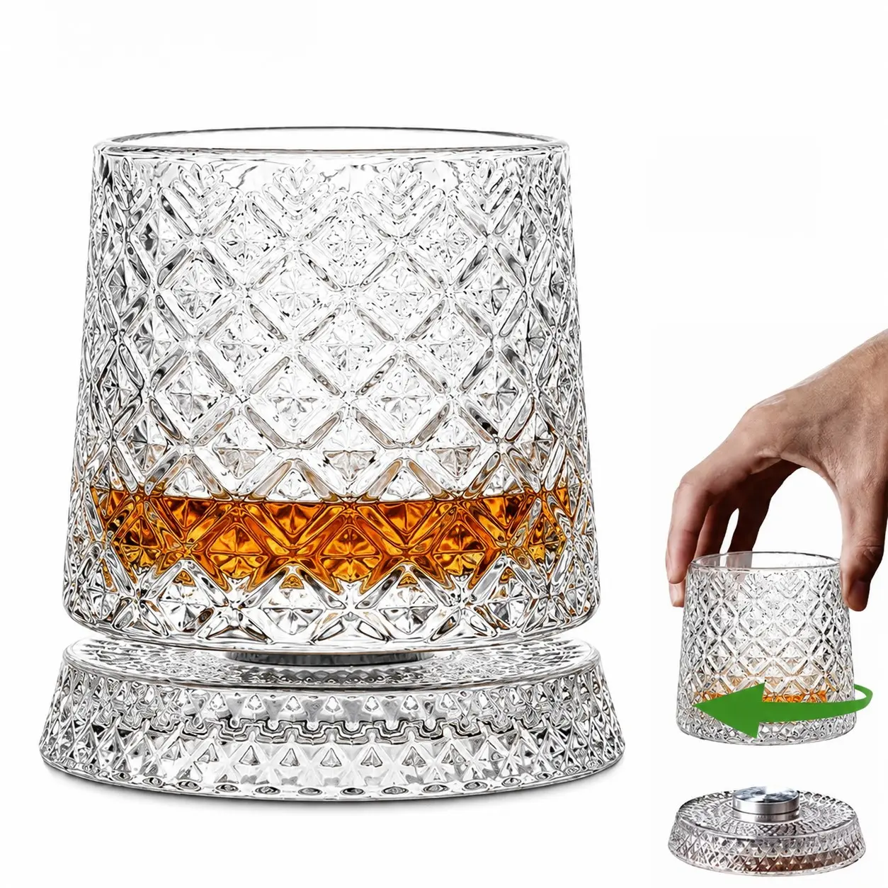 Spinning Whiskey Glasses, 9.5 oz with Rotating Bases, Whiskey Gift; Ideal for Bourbon, Scotch, Old Fashioned; Gift for Whiskey Lovers. Cocktail Glasses for Bar, Party, Home, and Gift