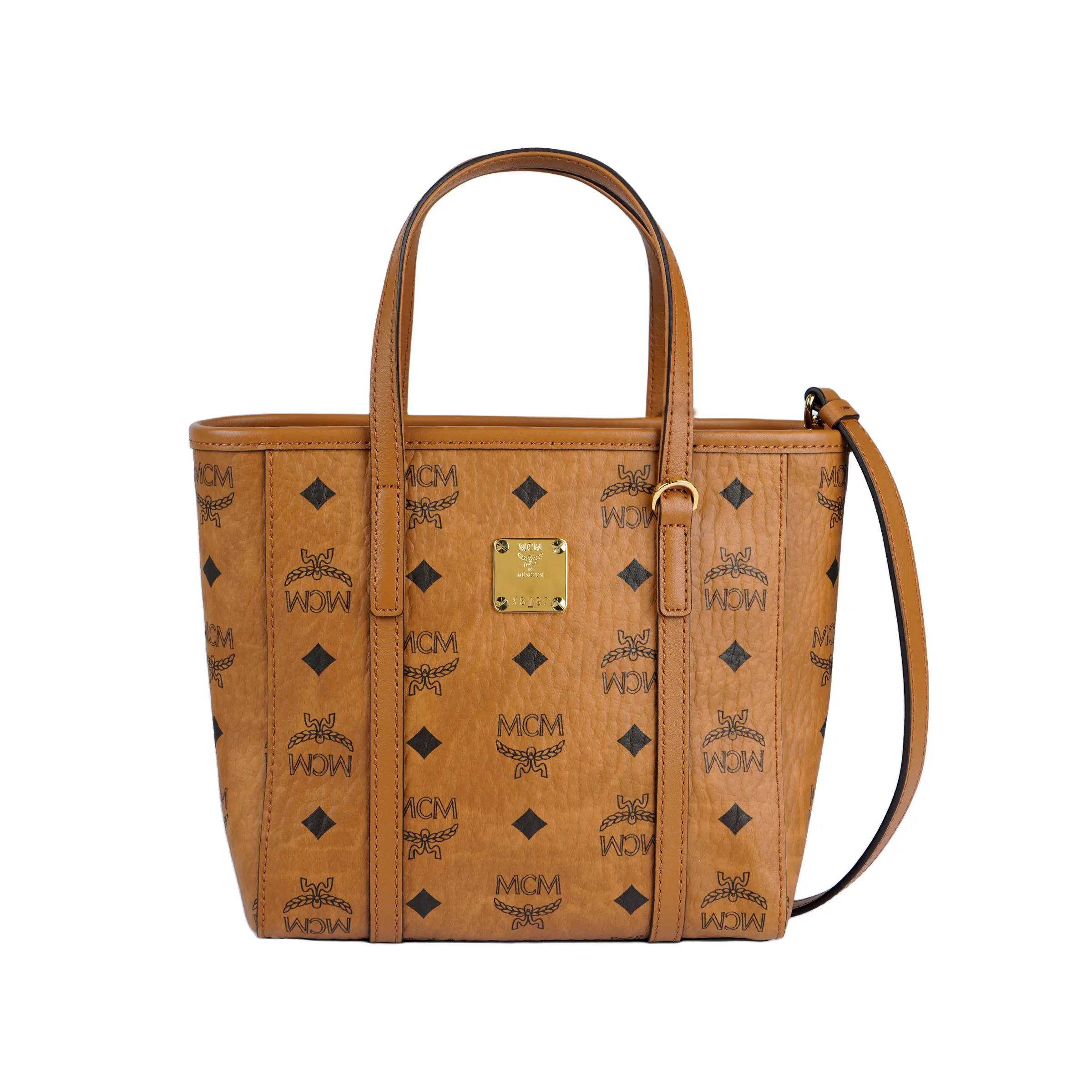MCM Toni Classic Monogram Woven Basket Tote Bag - Women's High-End Formal Dual-Handled Crossbody/Shoulder Bag, Cognac, Classic Multi-Patterned Women's Handbags, Classic Women's Handbags