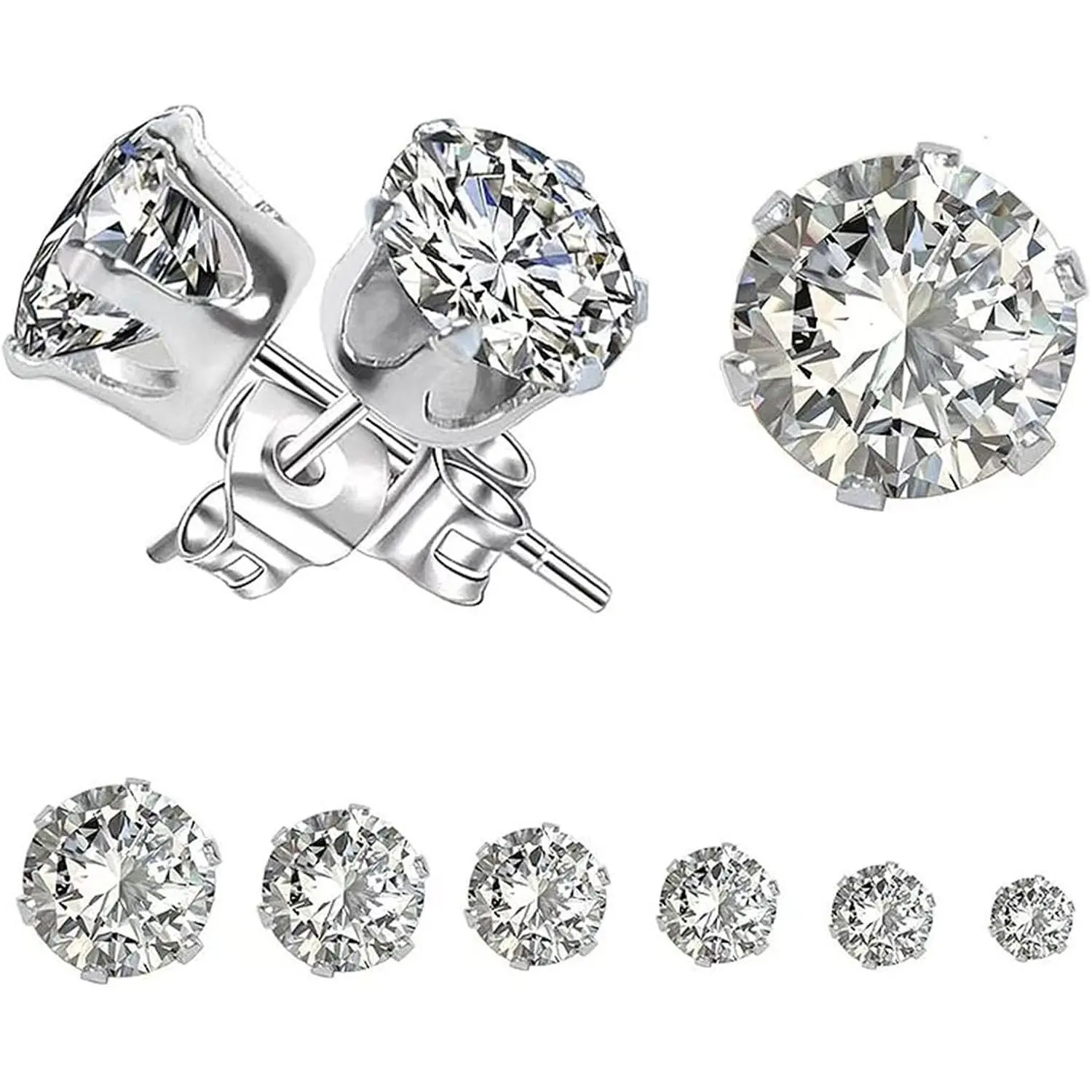 Stud Earrings Set, 6 Pairs Modern Stainless Steel Cubic Zirconia for Women & Men, 3-8mm Nickel-Free Sparkling Stones for Everyday Wear, Unisex