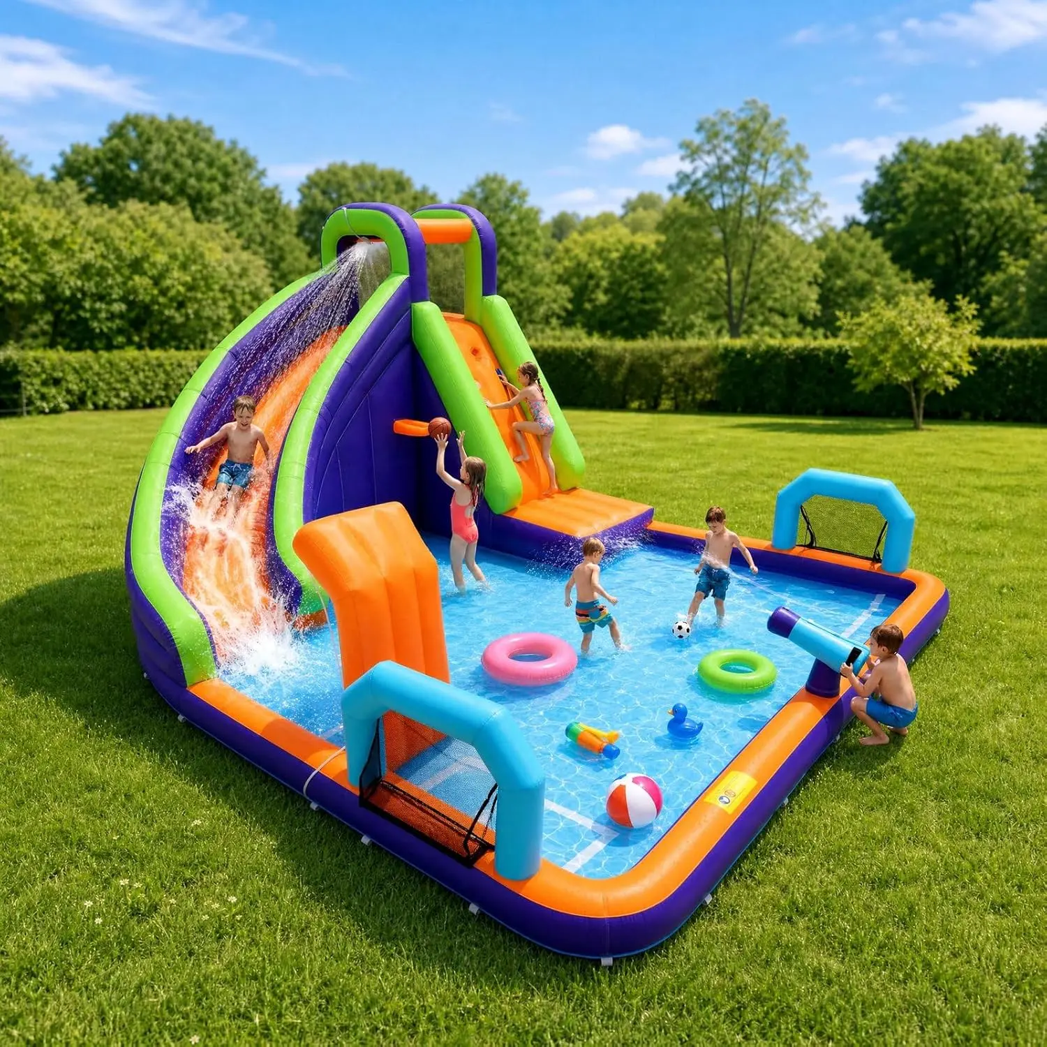VOWNER Inflatable Water Slide for Kids Backyard, 7-in-1 Blow Up Water Slide with 450w Blower, Splash Pool, 2 Soccer Goals, Basketball Hoop, Water Bounce House for Summer Outdoor Kids Play Party
